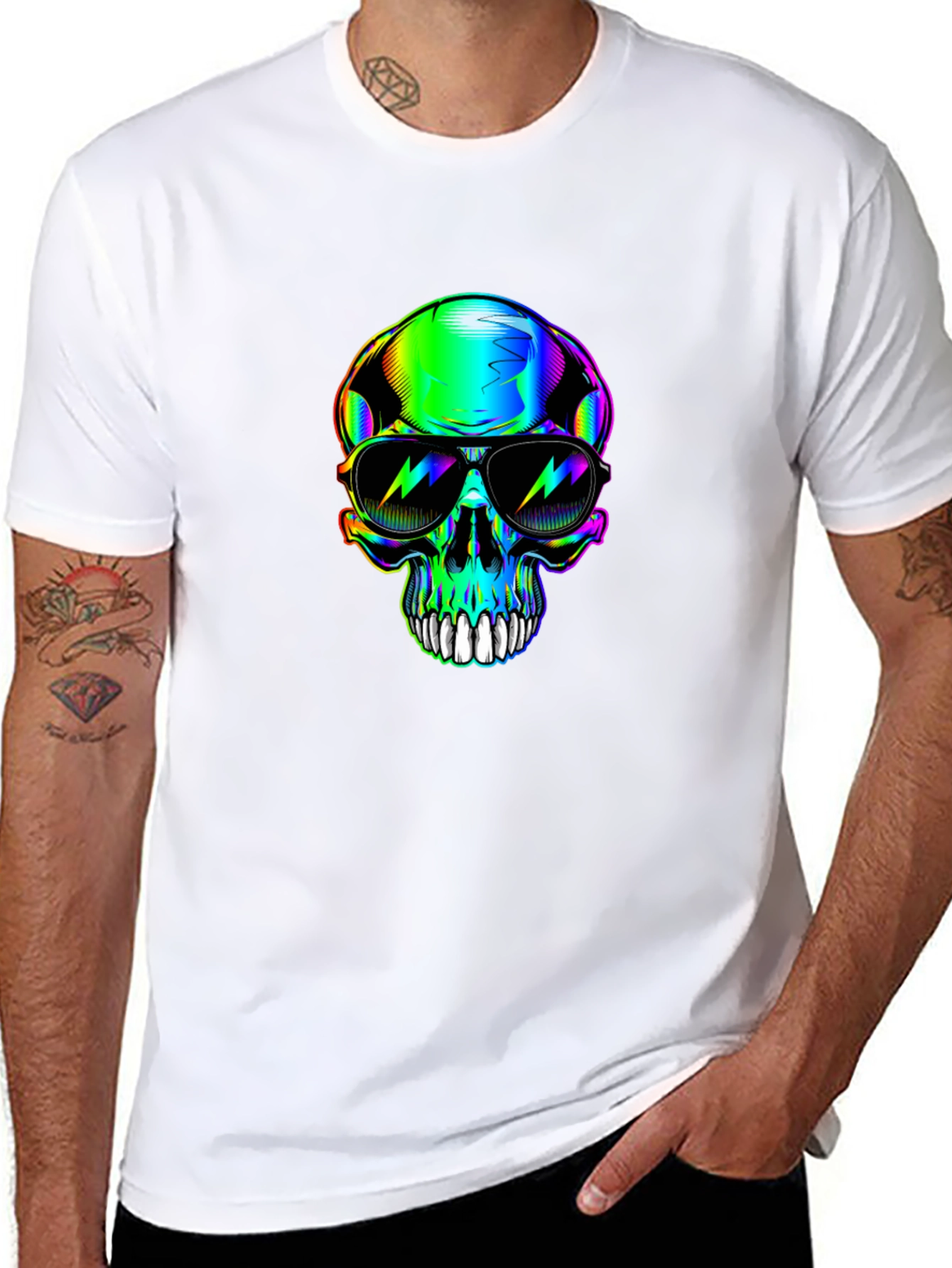 Black Rainbow Skull Sunglasses Graphic Black T-Shirt view 8