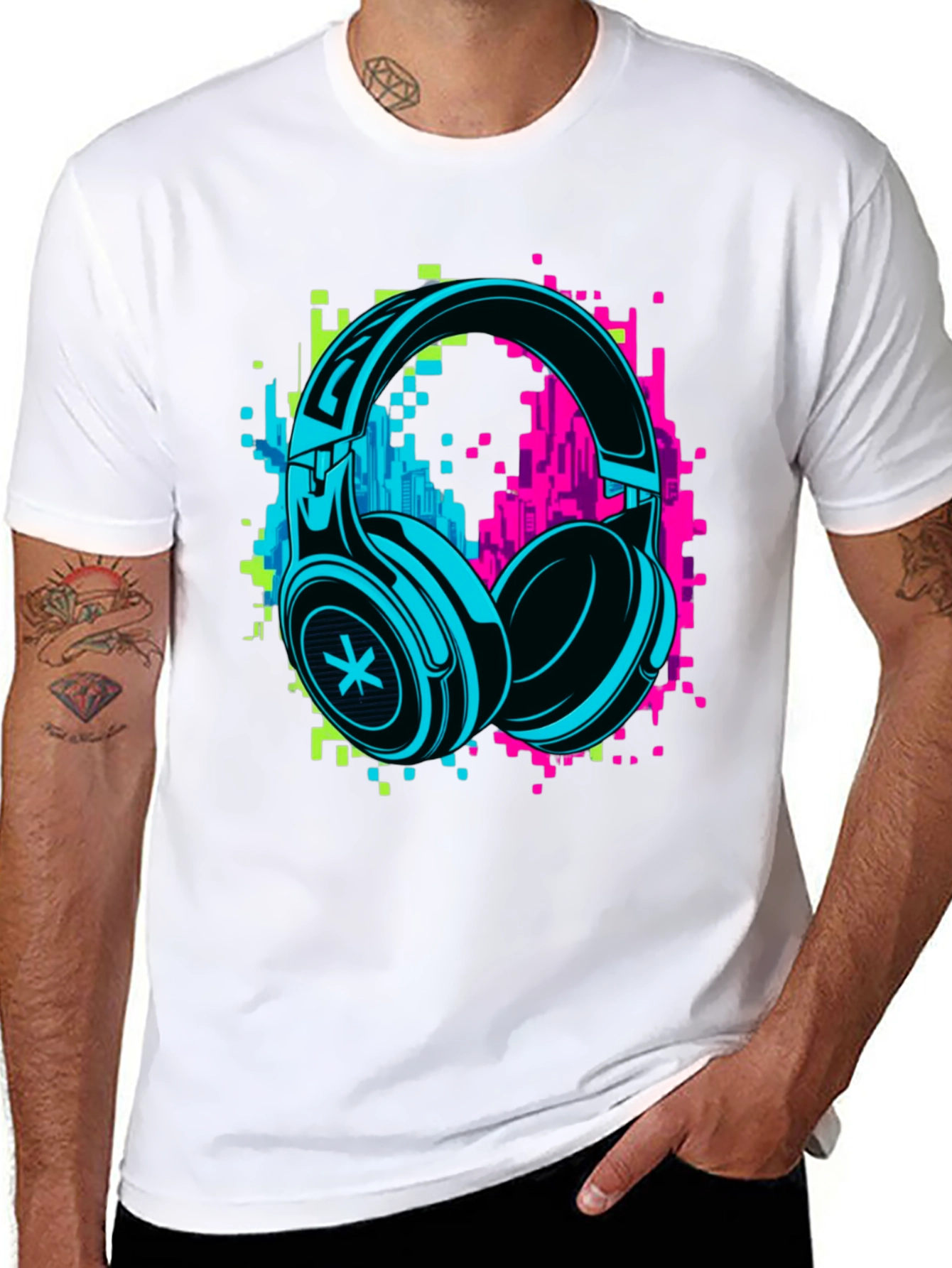 Black Neon Headphones Graphic Black T-Shirt view 8