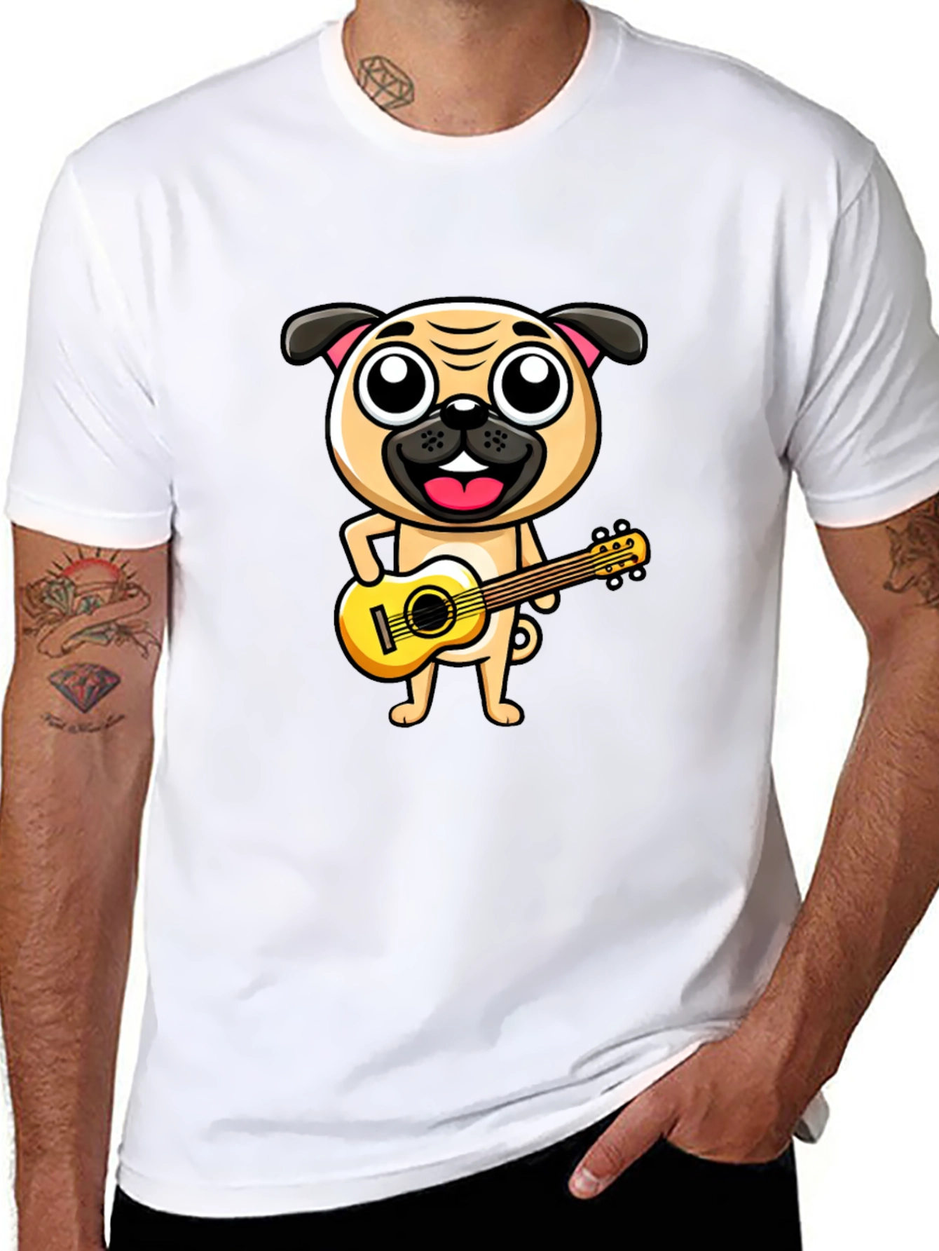 Black Pug Playing Guitar T-Shirt - Black Cotton Tee view 8