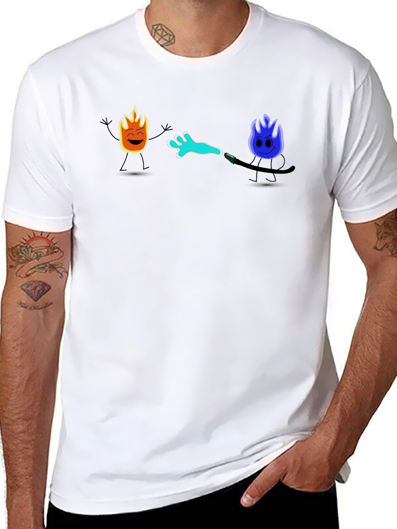 Black Cool Cartoon Fire & Water T-Shirt view 8