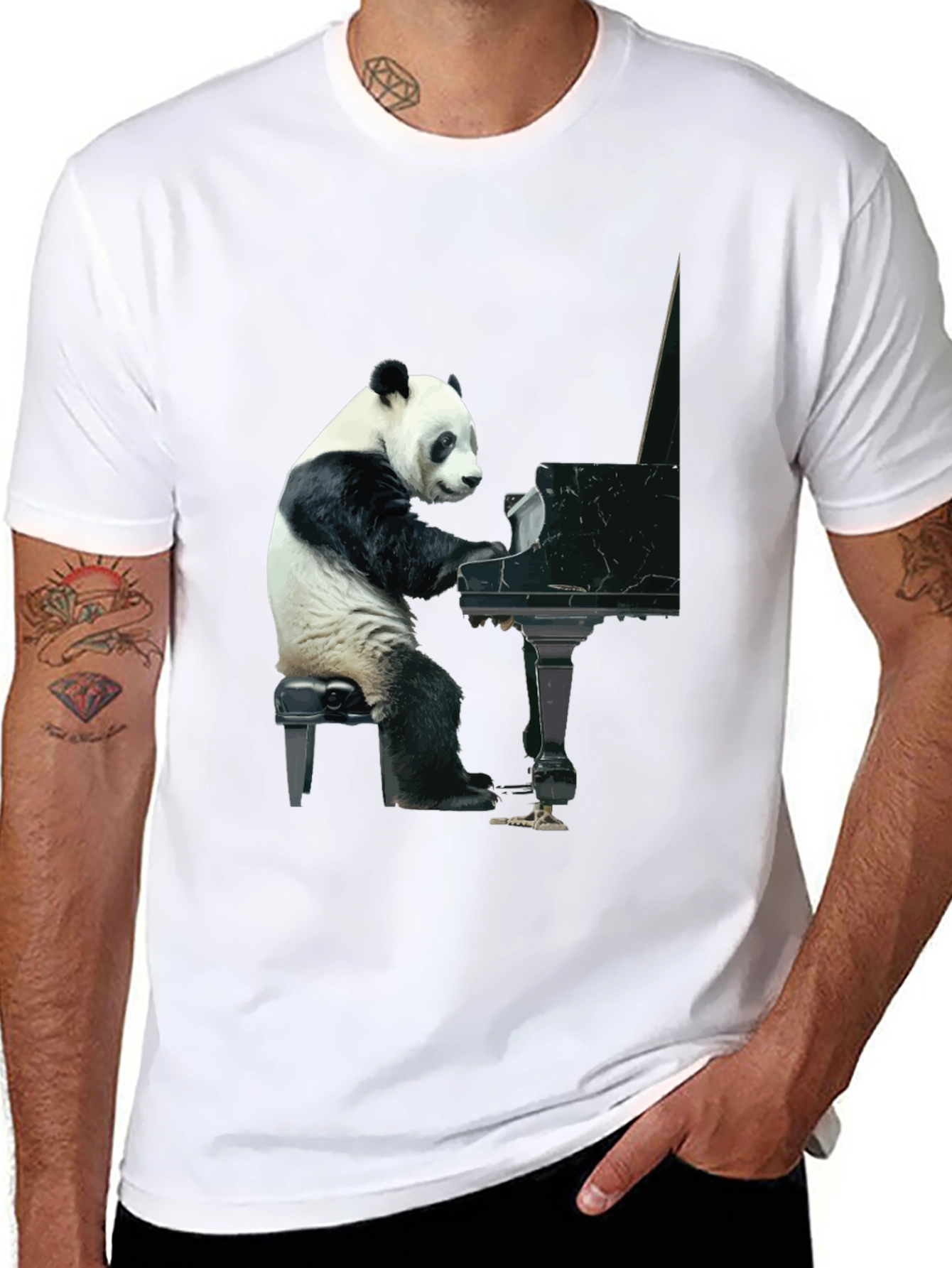 Black Panda Playing Piano Graphic Tee - Black Cotton Shirt view 8