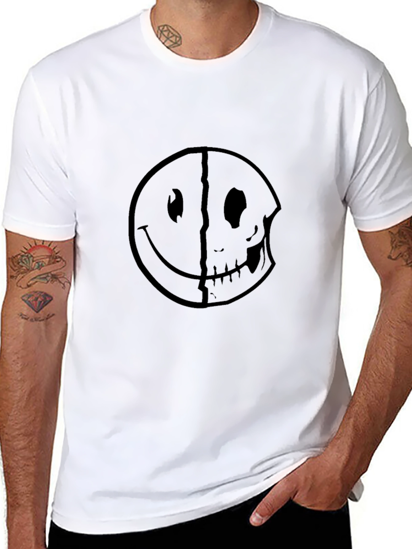 Black Smiley Face Skull Graphic Tee - Black Cotton T-Shirt view 8