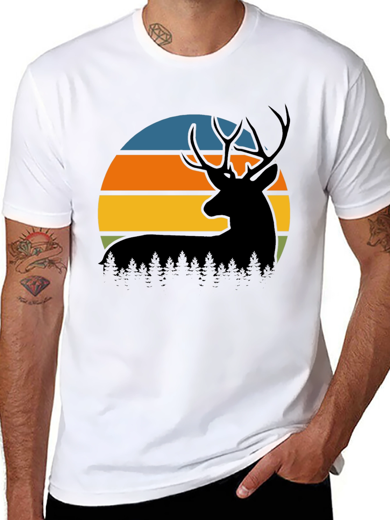 Black Retro Deer Sunset Graphic T-Shirt view 8