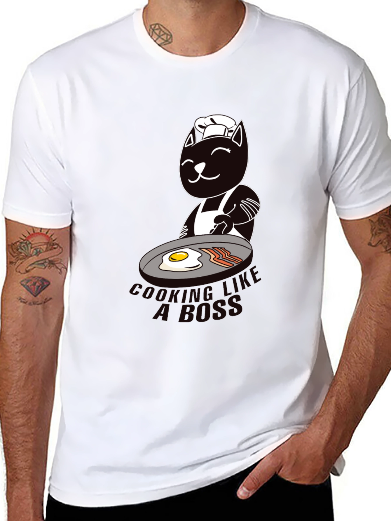 Black Chef Cat Cooking Breakfast Graphic T-Shirt view 8