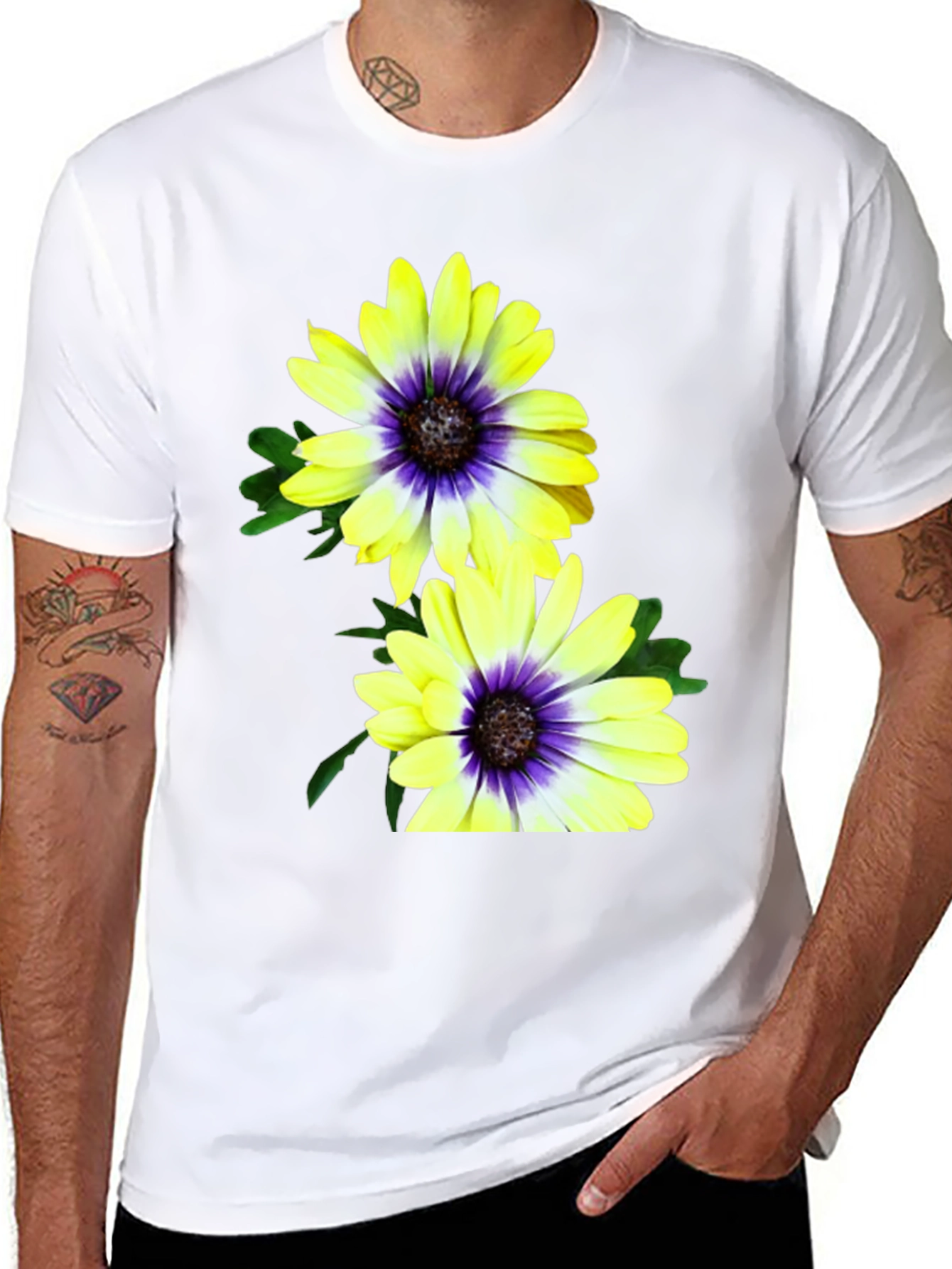 Black Floral T-Shirt: Yellow & Purple Daisy Print view 8