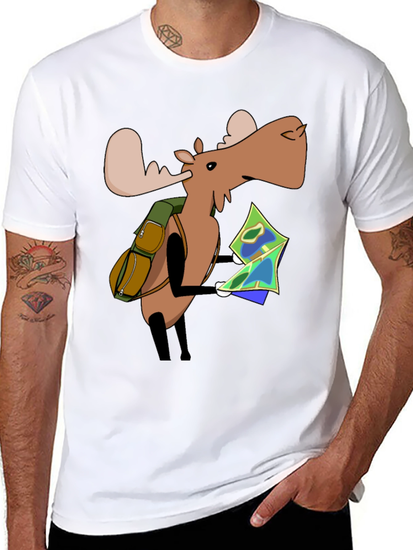 Black Cartoon Moose with Map T-Shirt - Black view 8