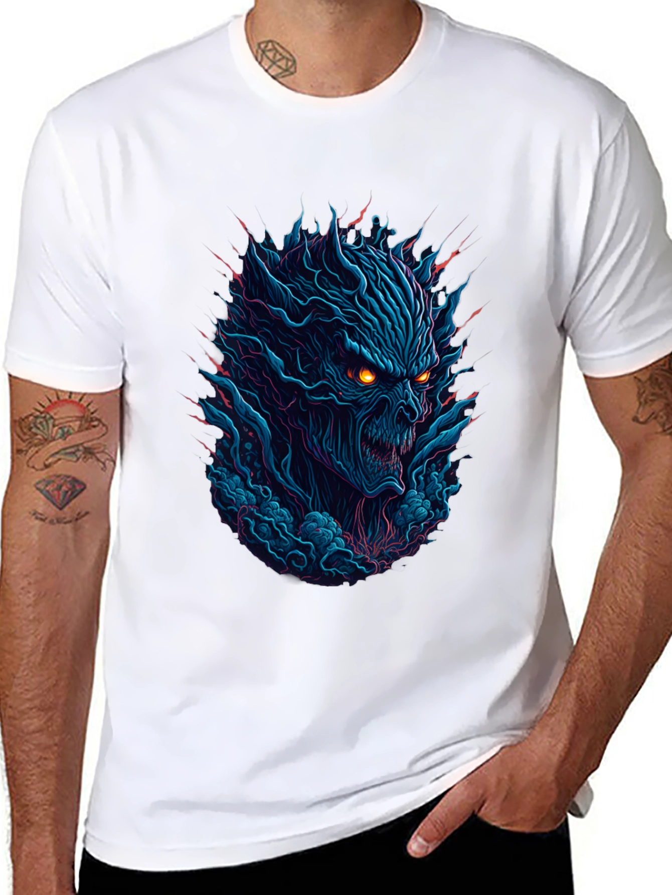 Black Men's Black T-Shirt with Fiery Monster Graphic view 8