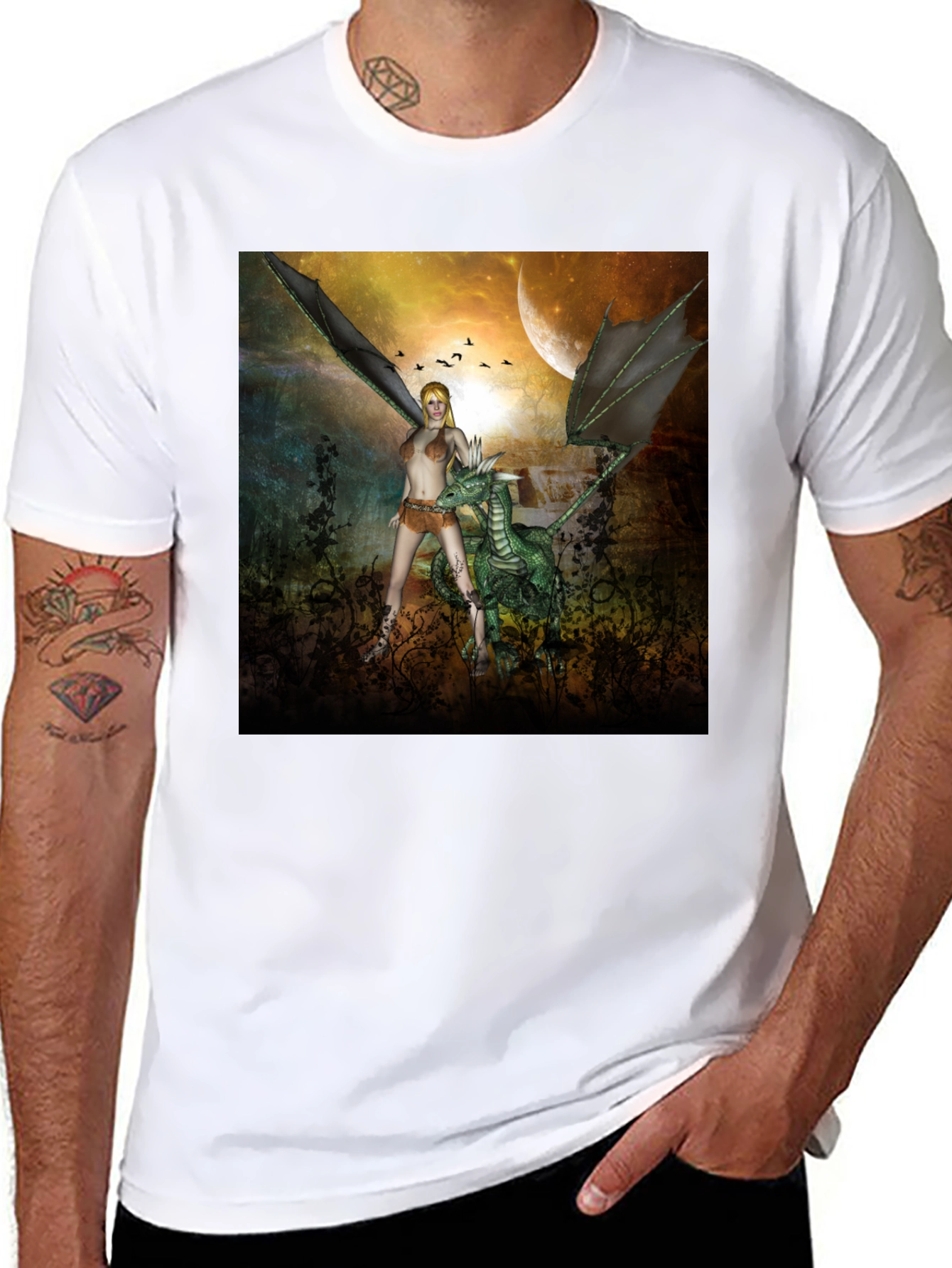 Black Fantasy Dragon & Warrior Graphic Tee view 8