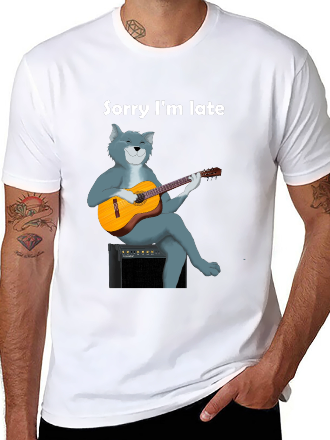 Black Sorry I'm Late Cat Guitar T-Shirt view 8