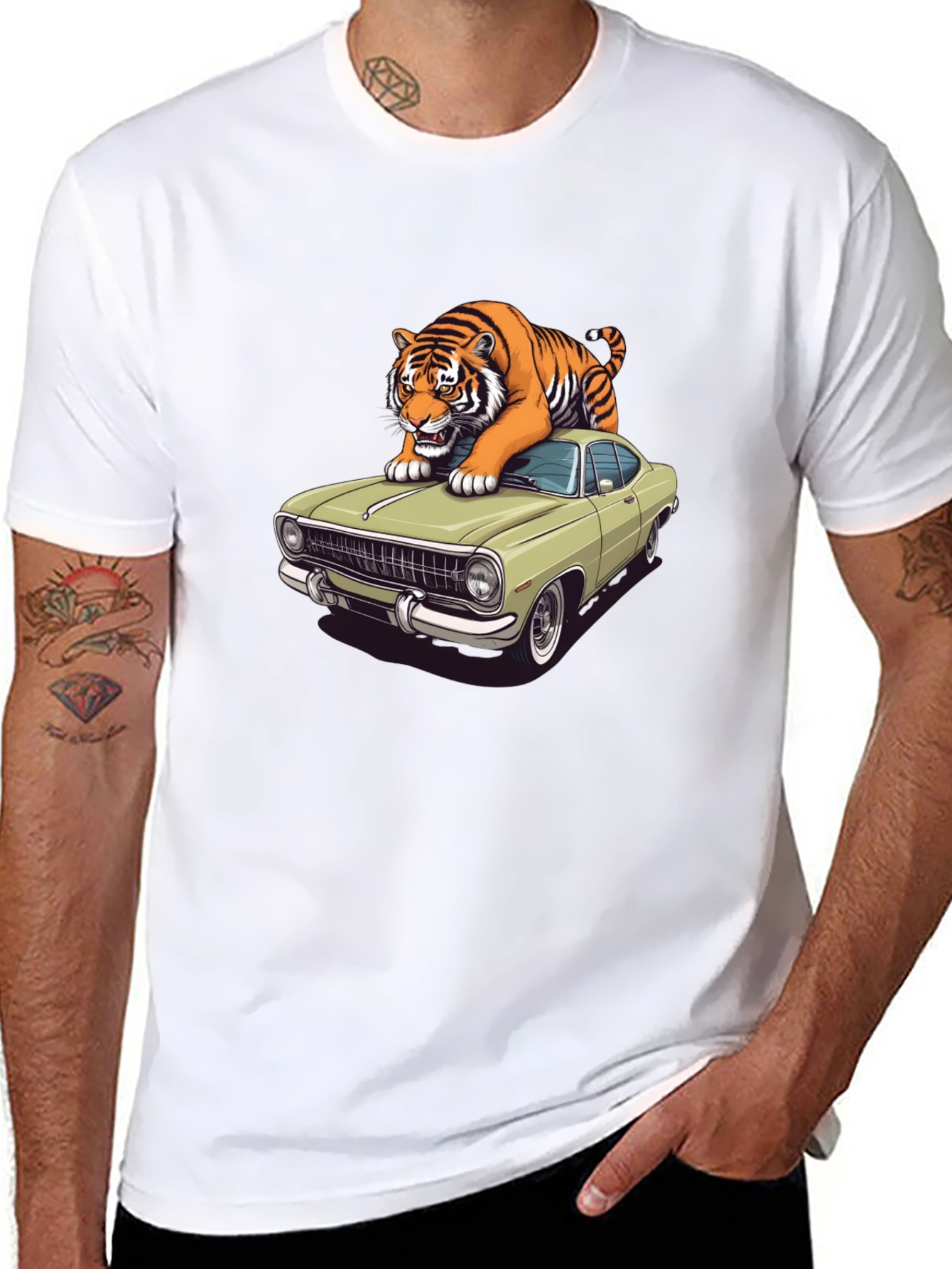 Black Tiger on Car Graphic T-Shirt - Cool Animal Tee view 8