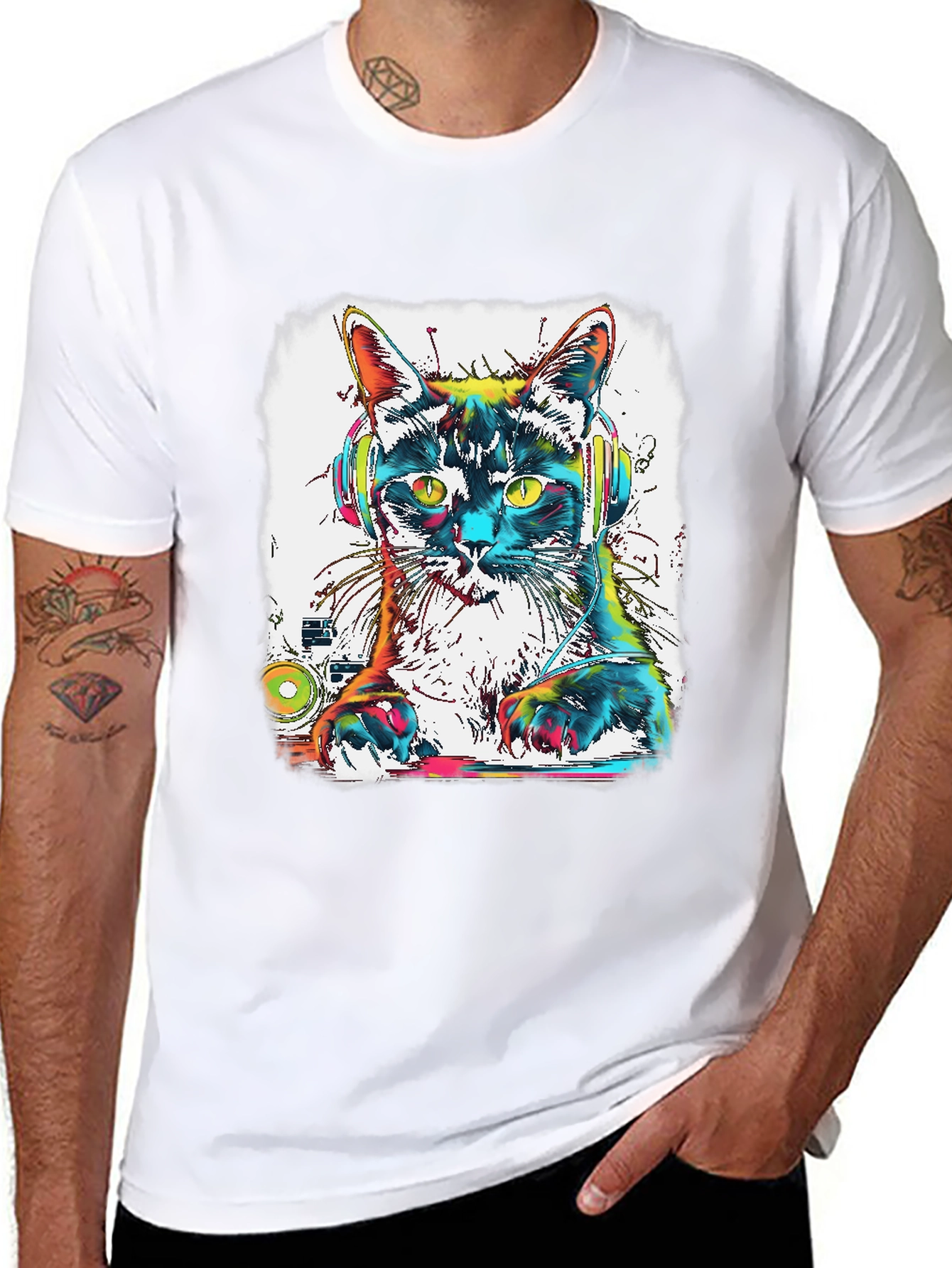 Black DJ Cat T-Shirt - Colorful Graphic Tee view 8