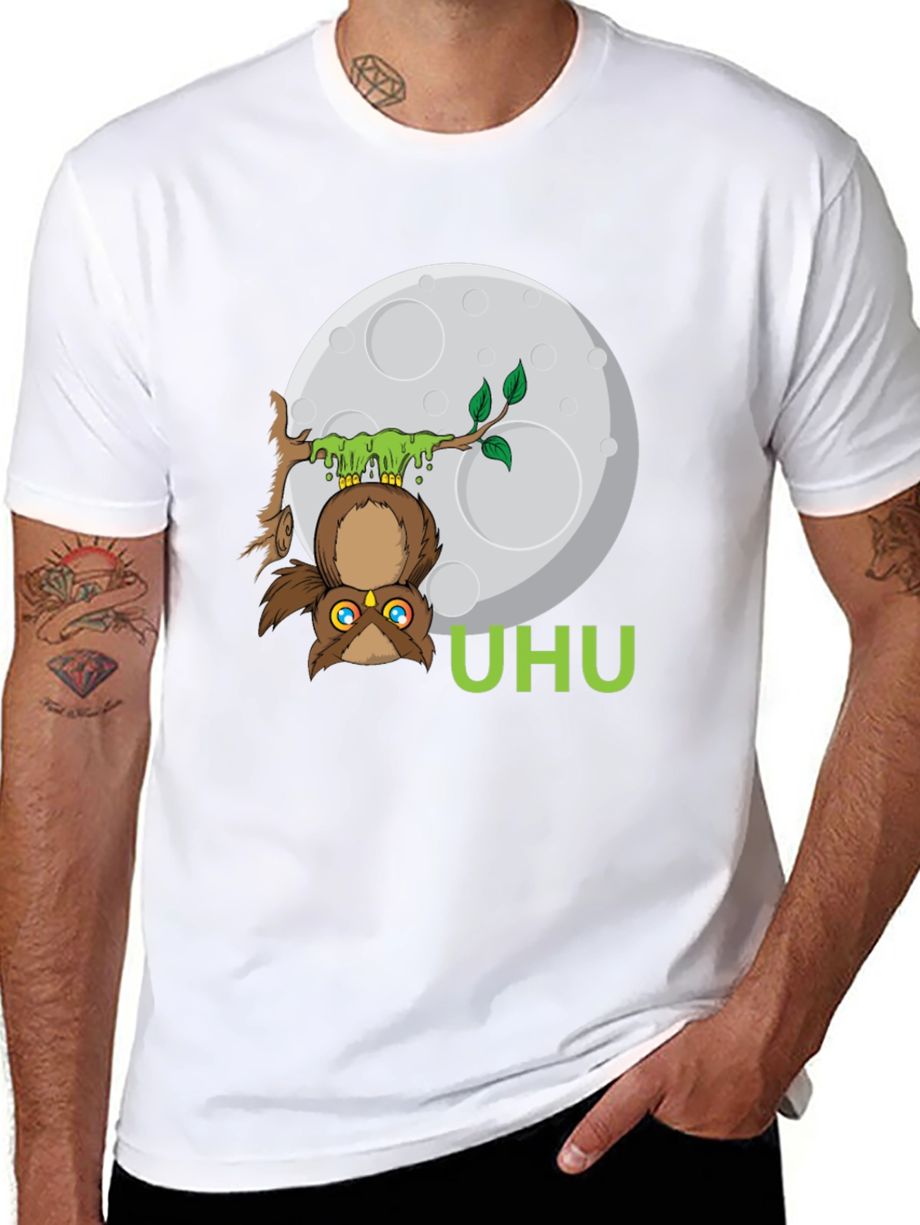 Black UHU Owl T-Shirt - Moonlit Design view 8