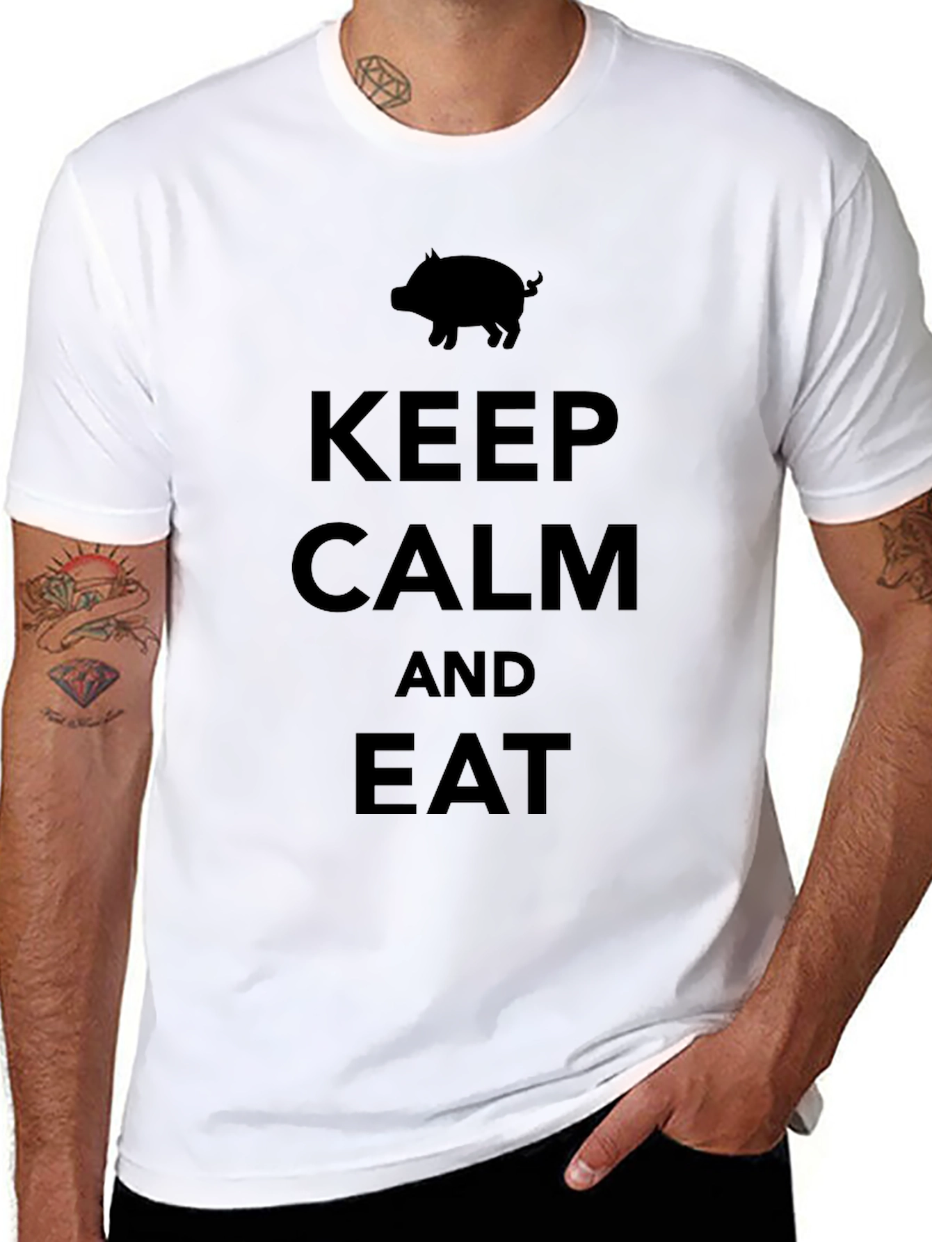 Black Keep Calm and Eat Pig Funny Black T-Shirt view 8