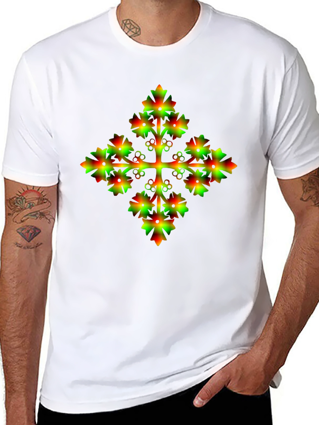 Unique Gradient Floral Cross Graphic Tee - 8