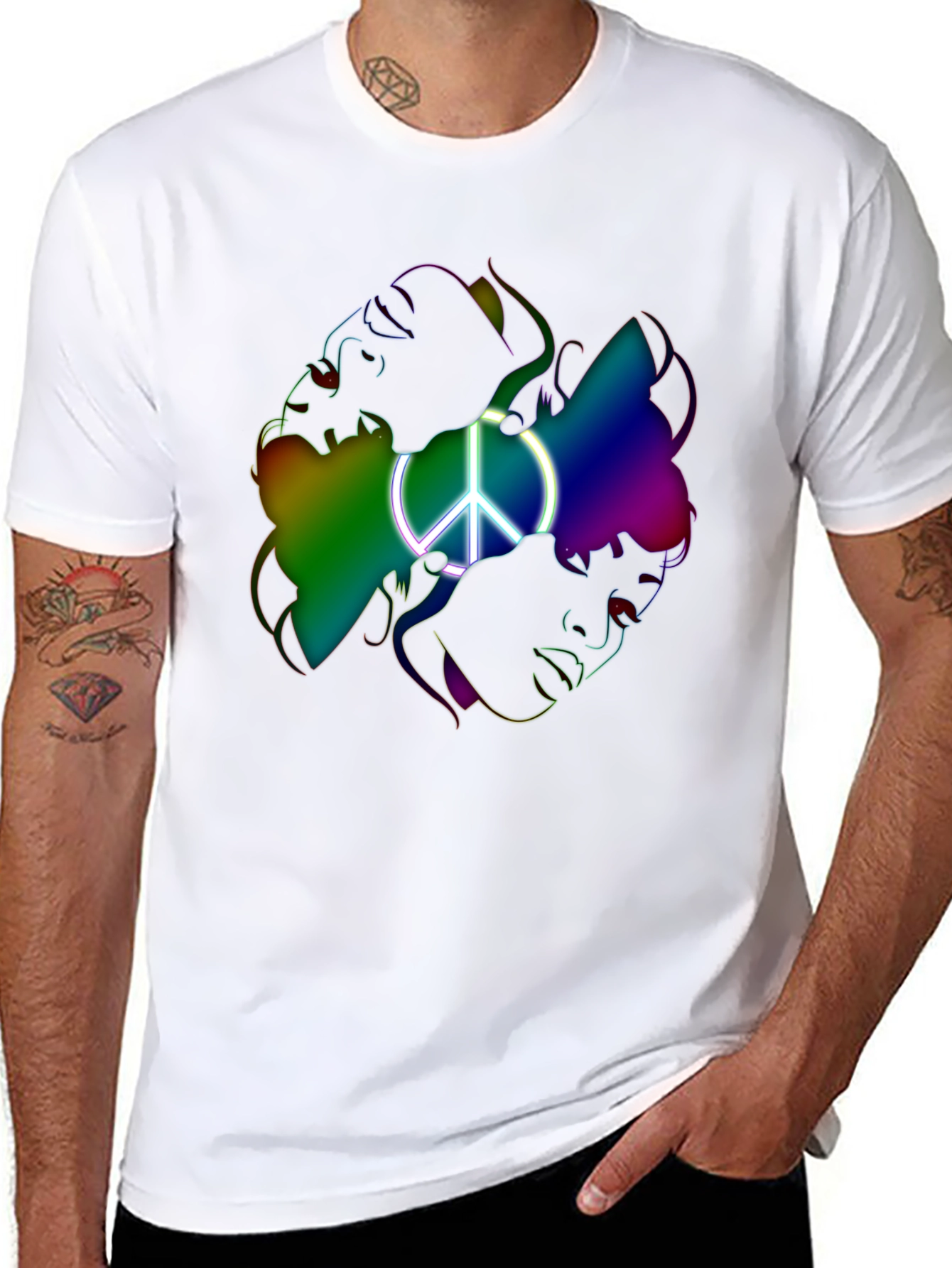 Black Peace Sign Rainbow Faces Graphic T-Shirt view 8
