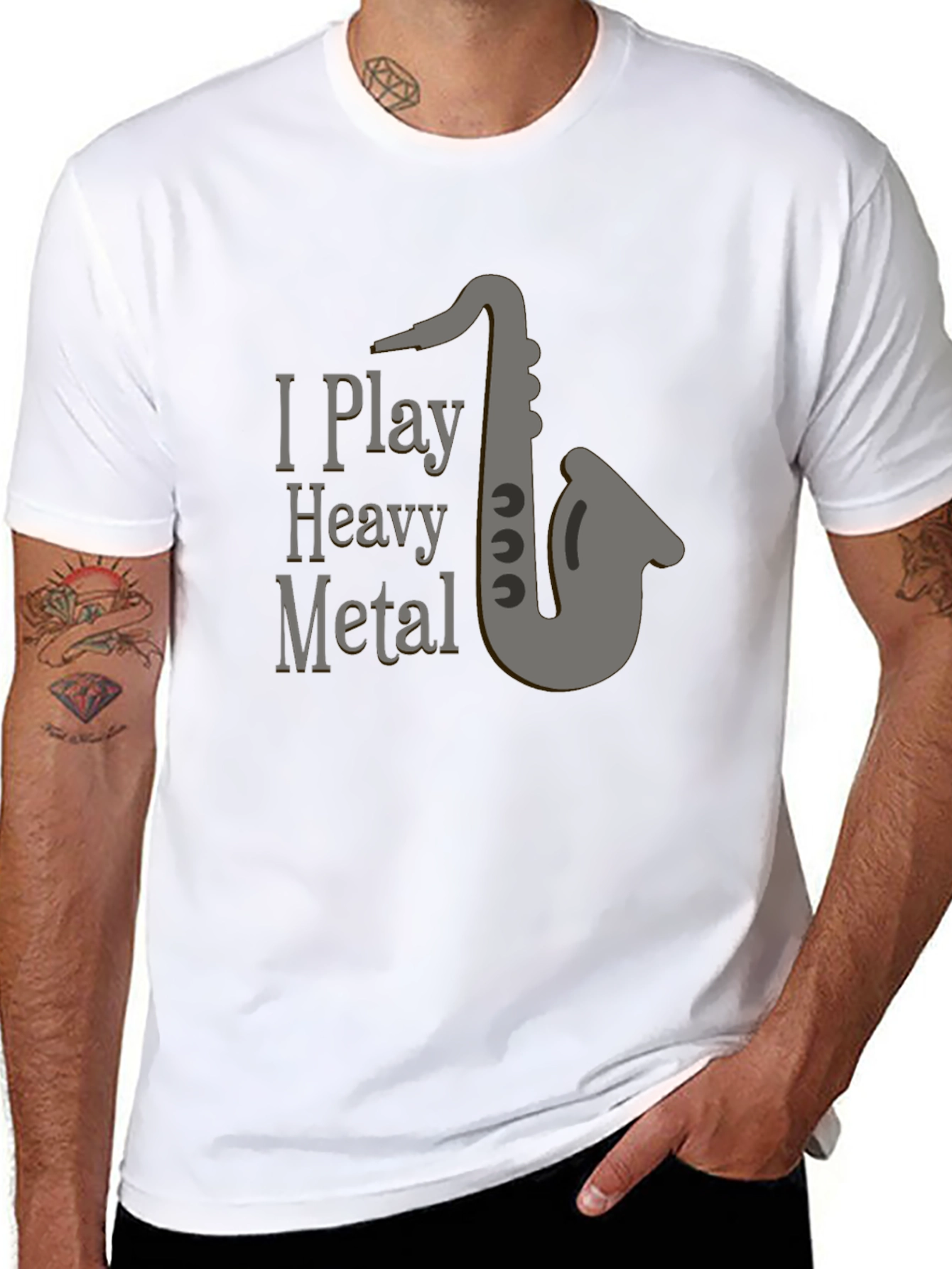 Black I Play Heavy Metal T-Shirt - Saxophone Design view 8