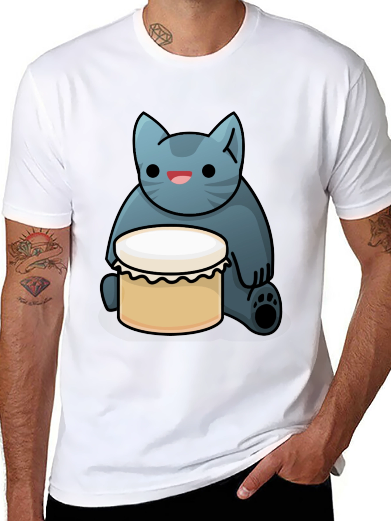 Black Cat Drum T-Shirt - Black, Fun Graphic Tee view 8