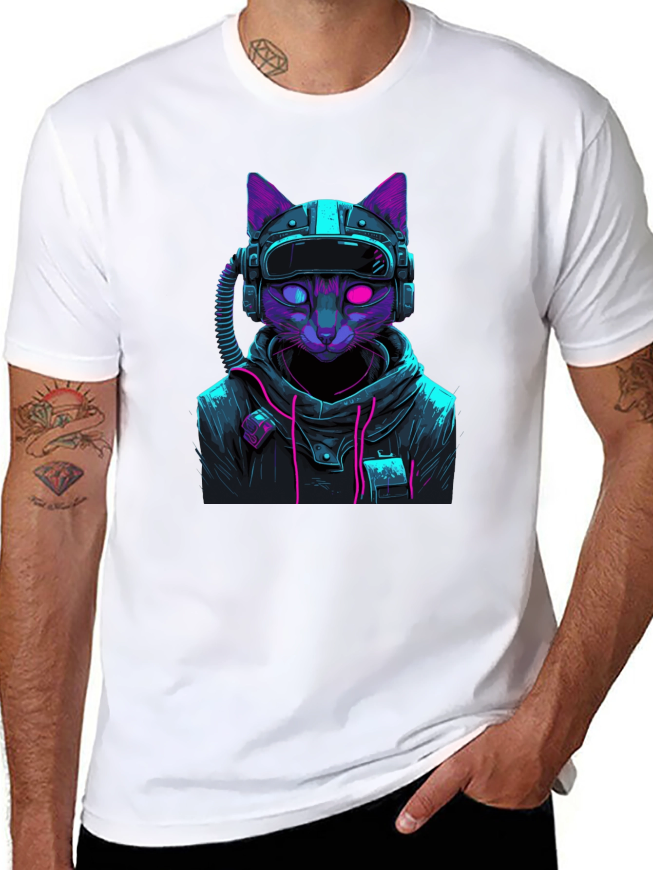 Black Cyberpunk Cat T-Shirt - Futuristic Style view 8