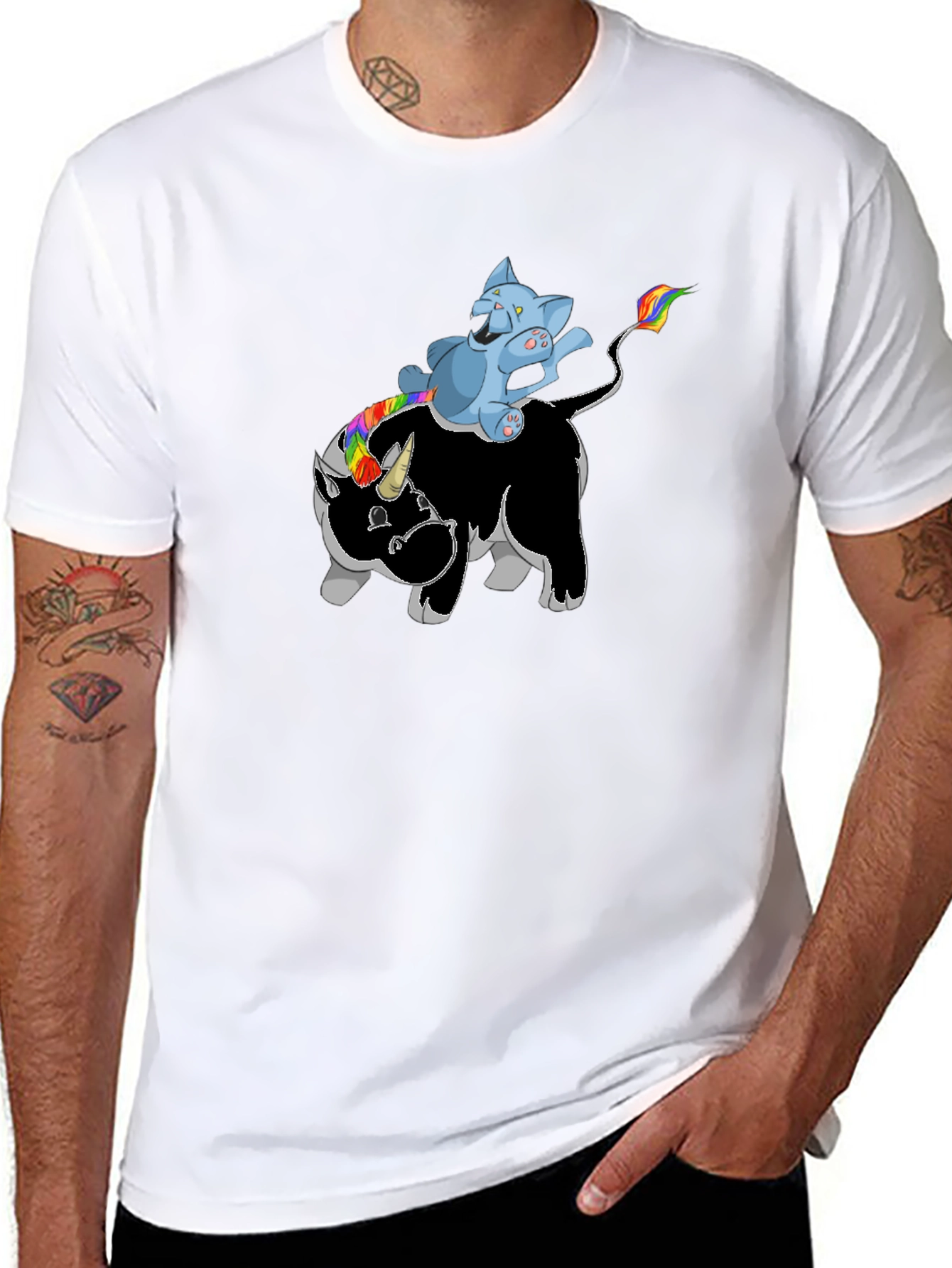 Black Unicorn Rhino Cat Rider T-Shirt - Black view 8