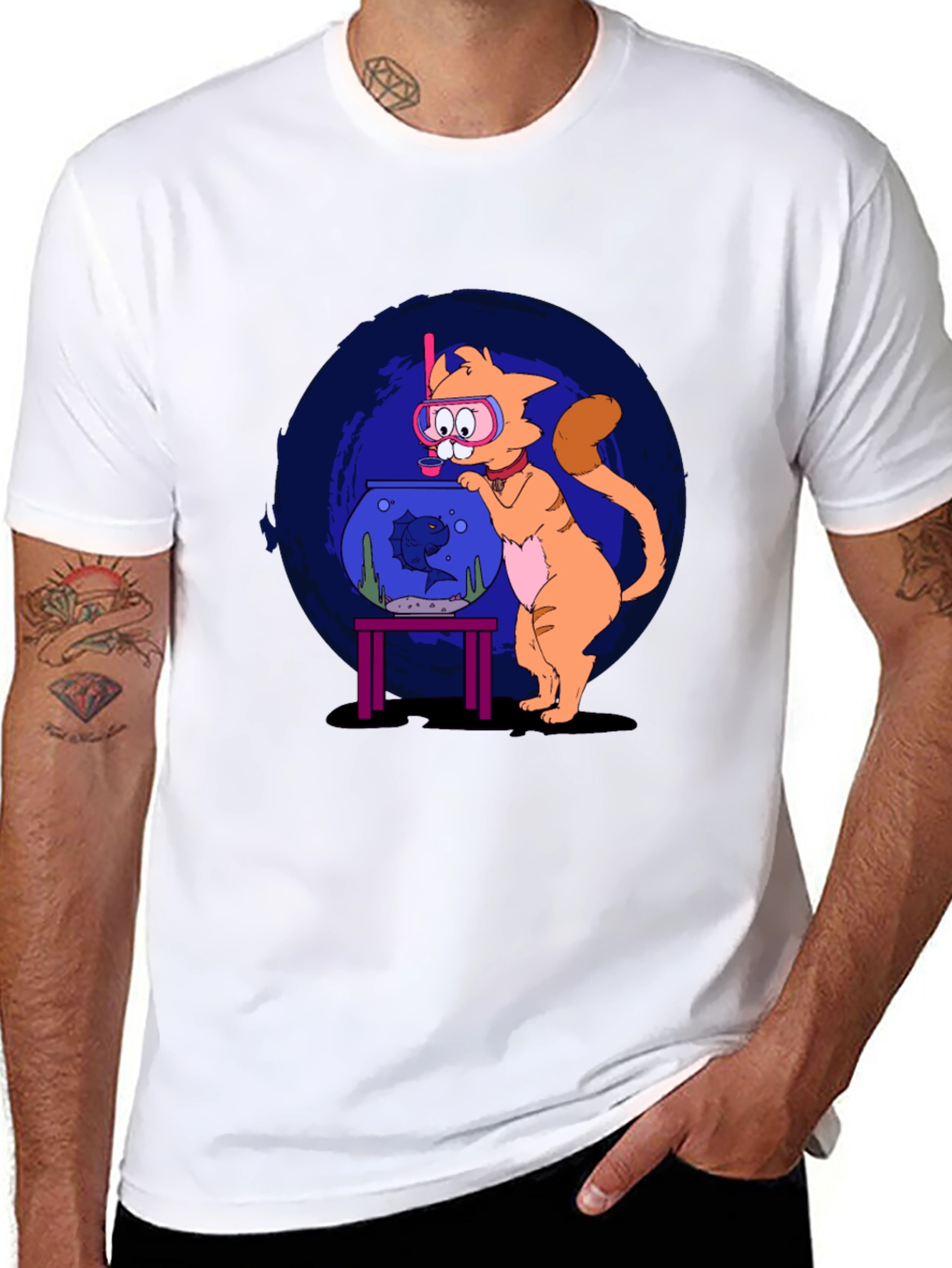 Black Cartoon Cat Snorkeling T-Shirt view 8