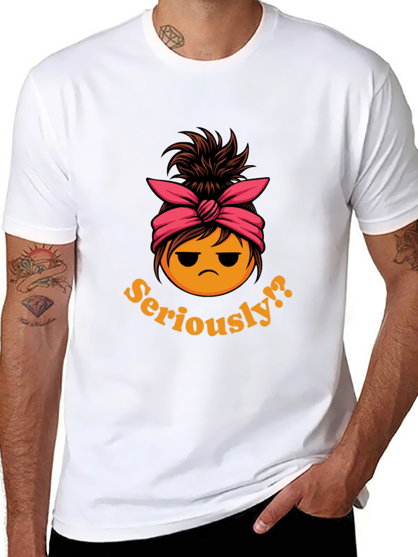 Black Seriously?! Messy Bun Emoji T-Shirt view 8