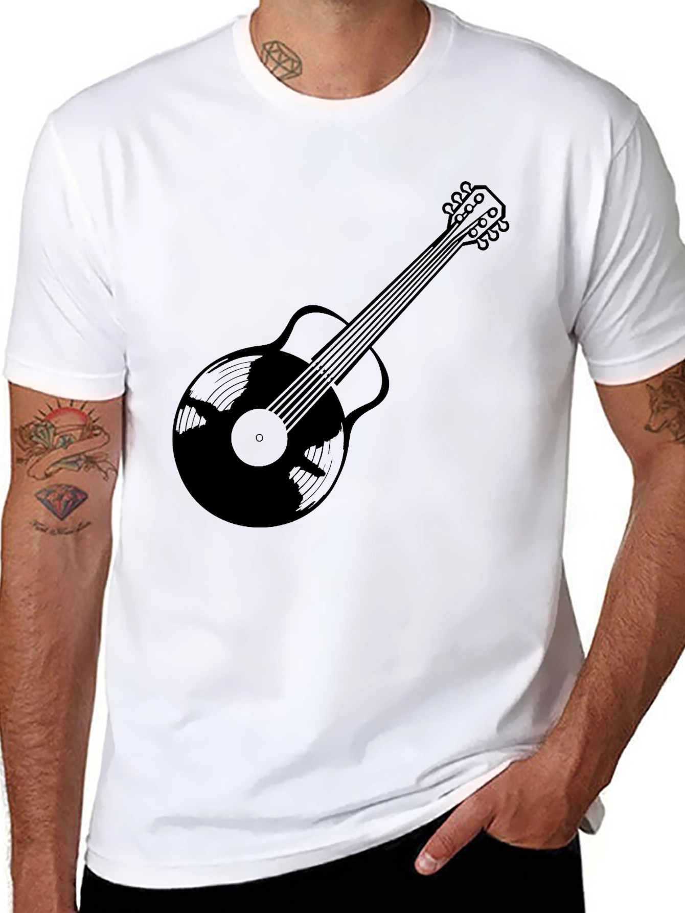 Black Guitar Vinyl Record Graphic Tee - Music Lover T-Shirt view 8