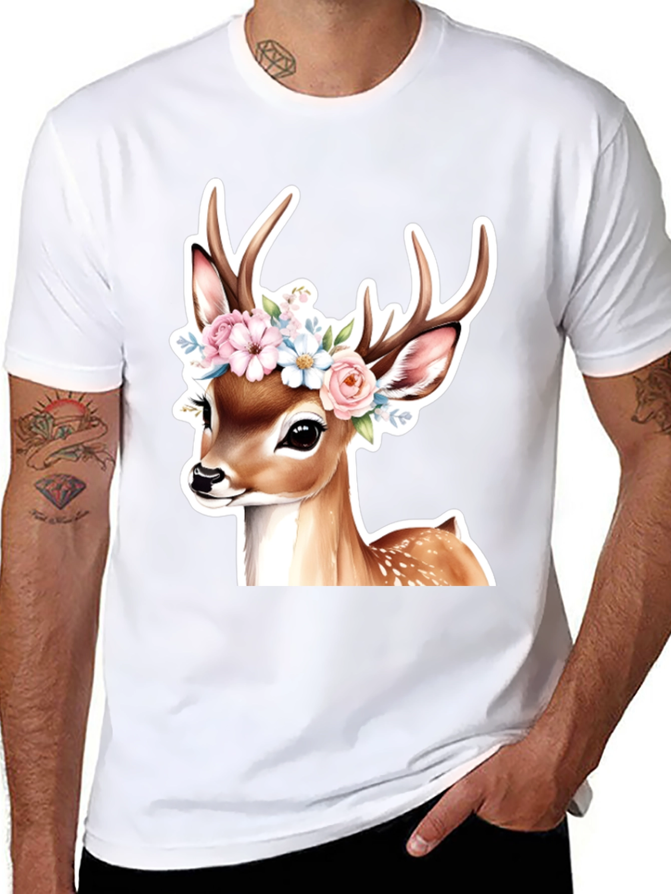 Black Deer Floral Crown Black T-Shirt view 8