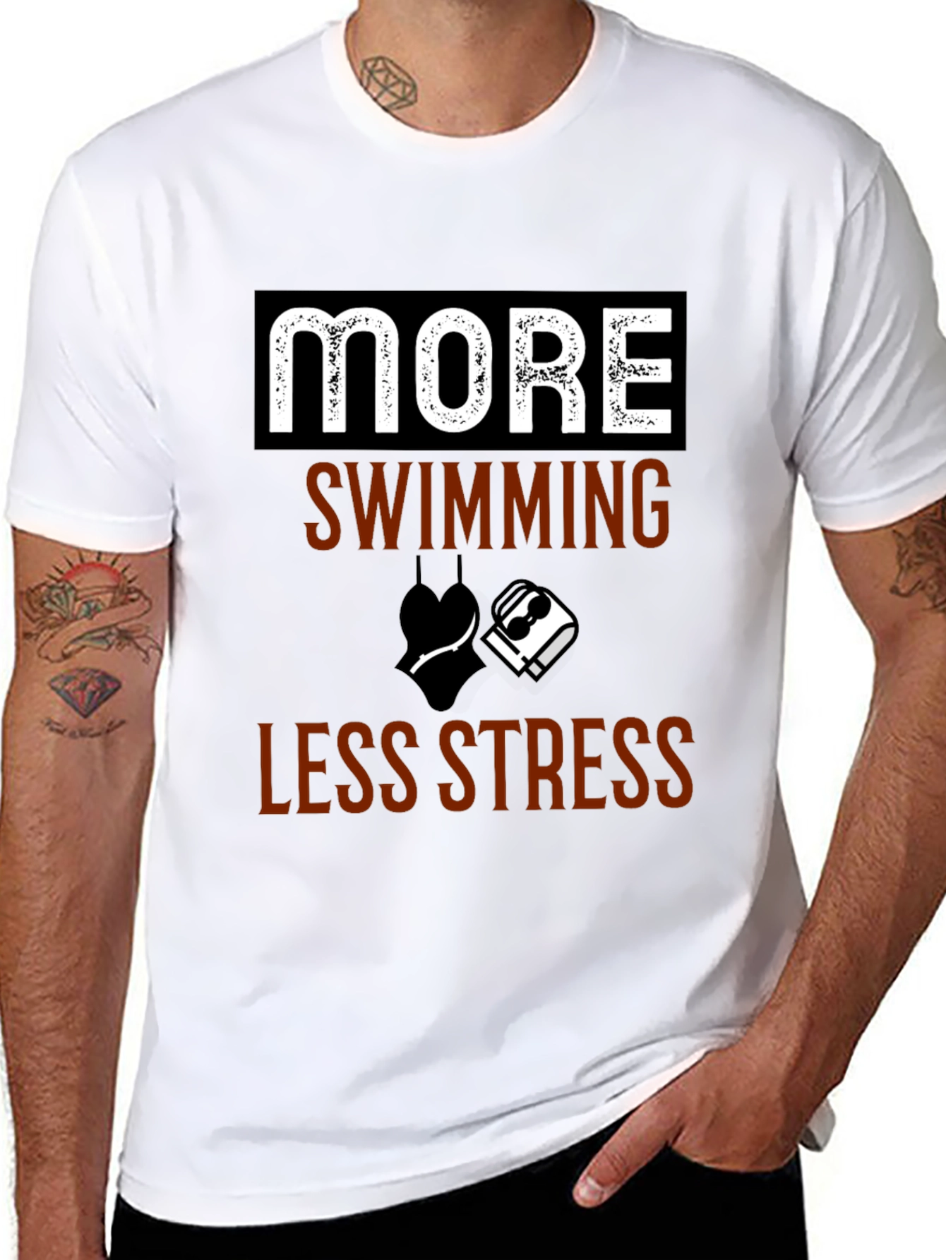 More Swimming Less Stress Black T-Shirt - 8