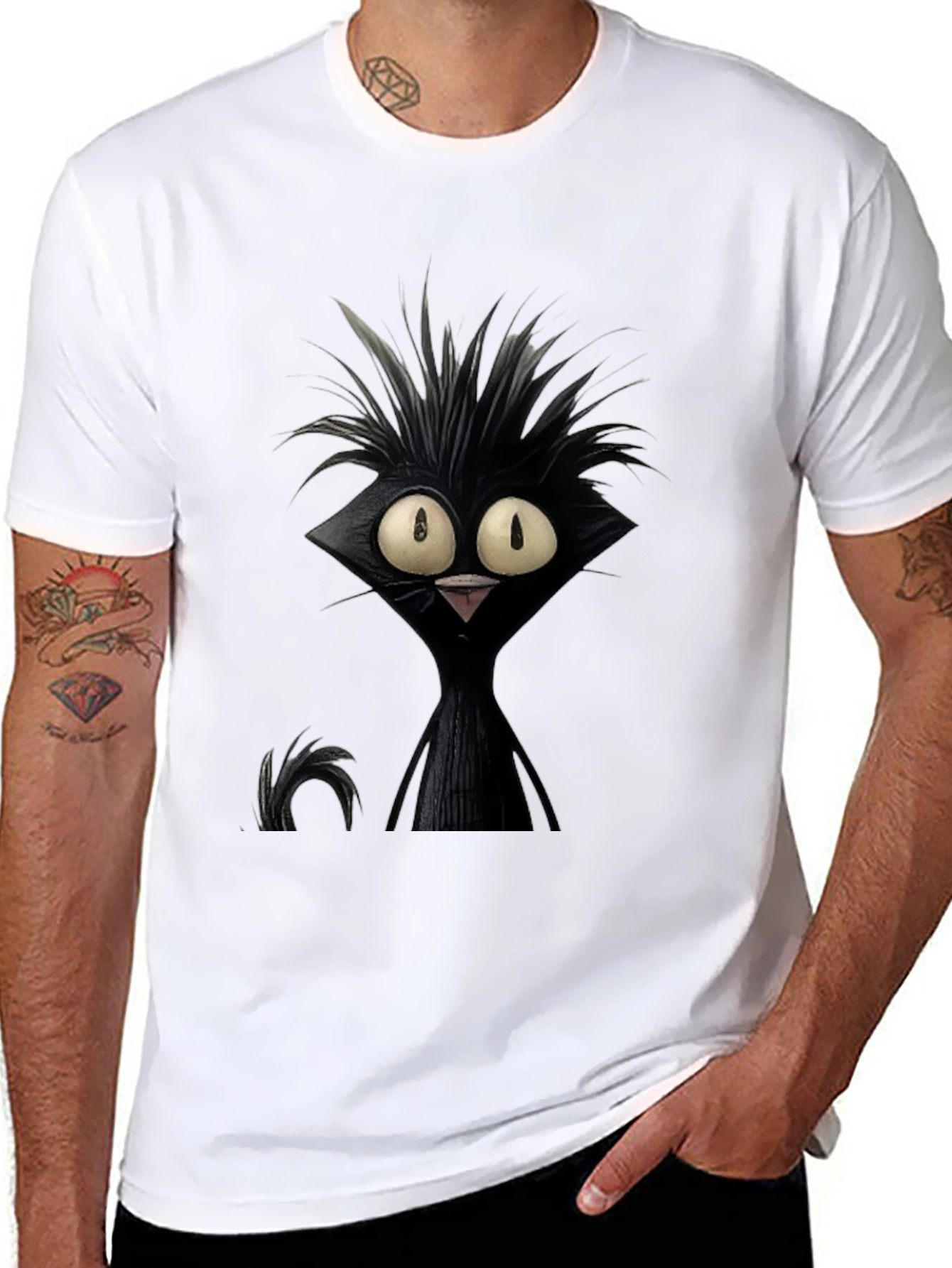 Black Crazy Cat Graphic Tee - Unisex Black T-Shirt view 8