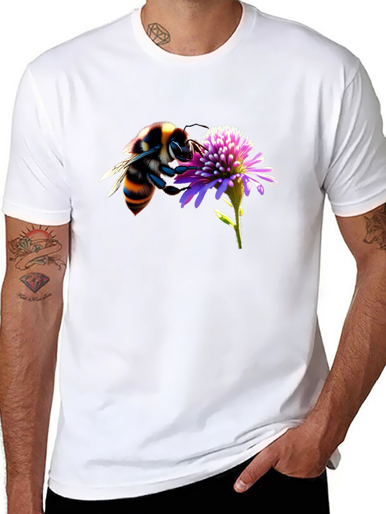 Black Bee on Flower Graphic Tee - Black Cotton T-Shirt view 8