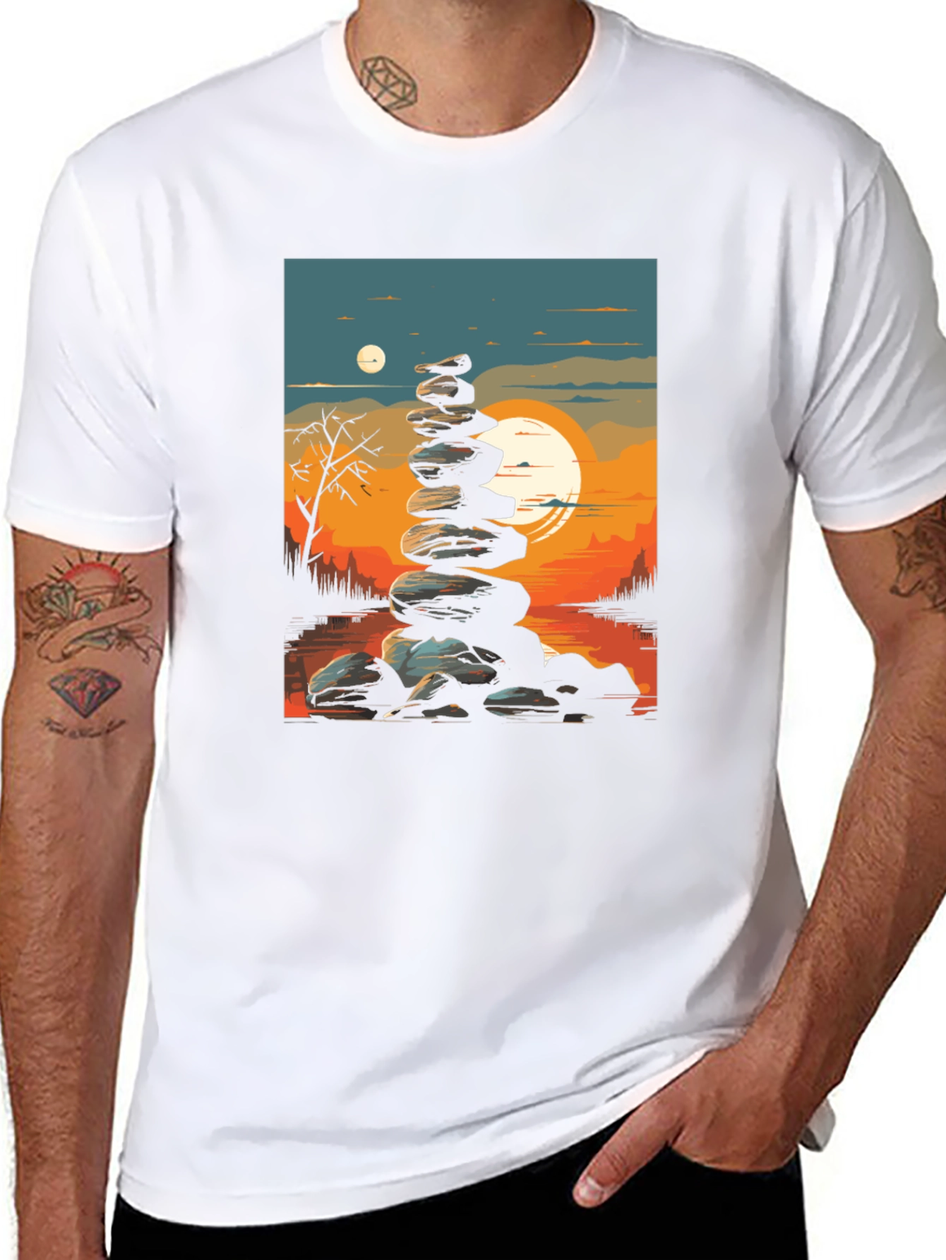 Black Zen Rock Stack T-Shirt - Sunset Landscape view 8