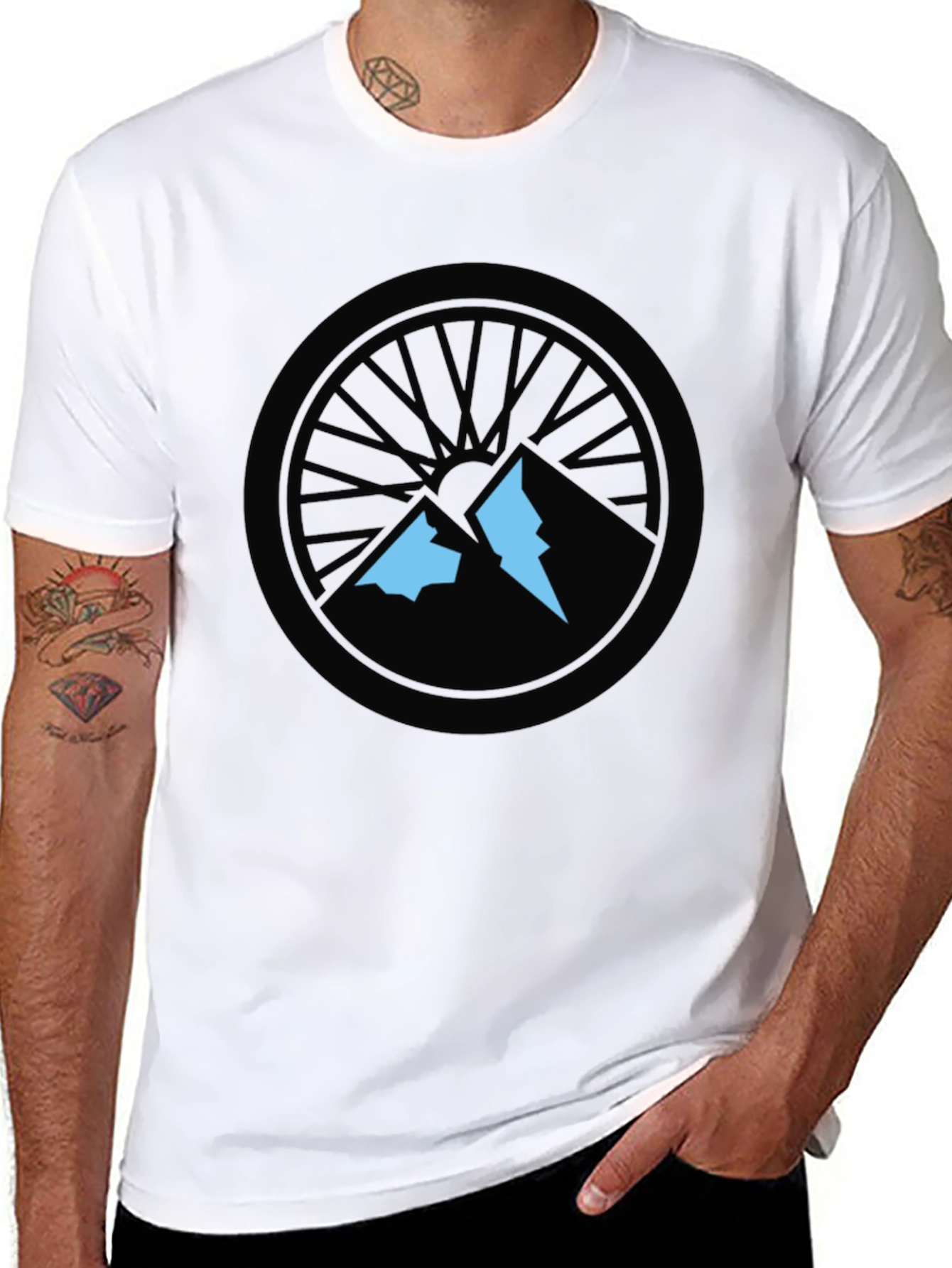 Black Mountain Biking T-Shirt - Wheel and Peaks Design view 8