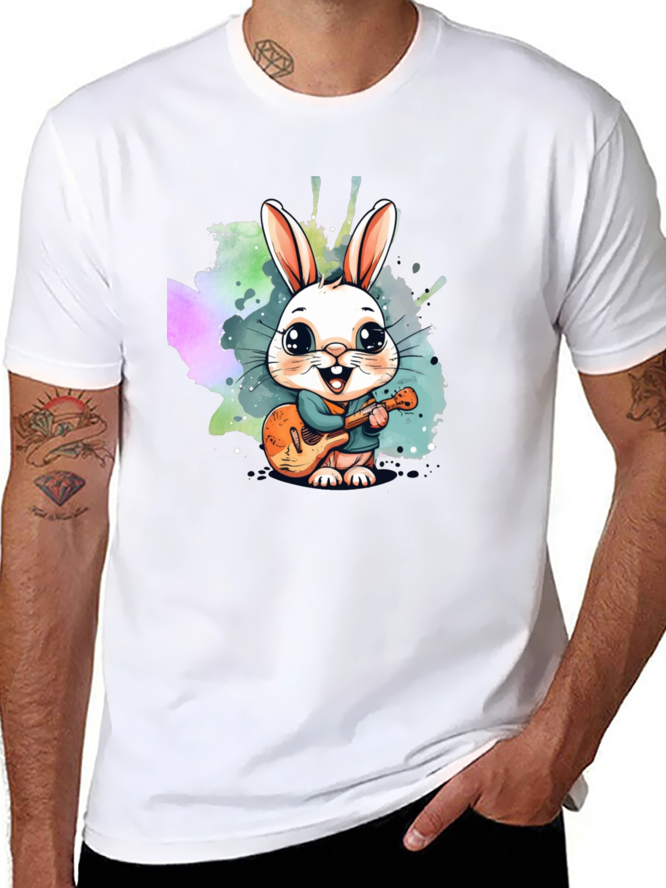 Black Cute Bunny Guitarist Black T-Shirt view 8