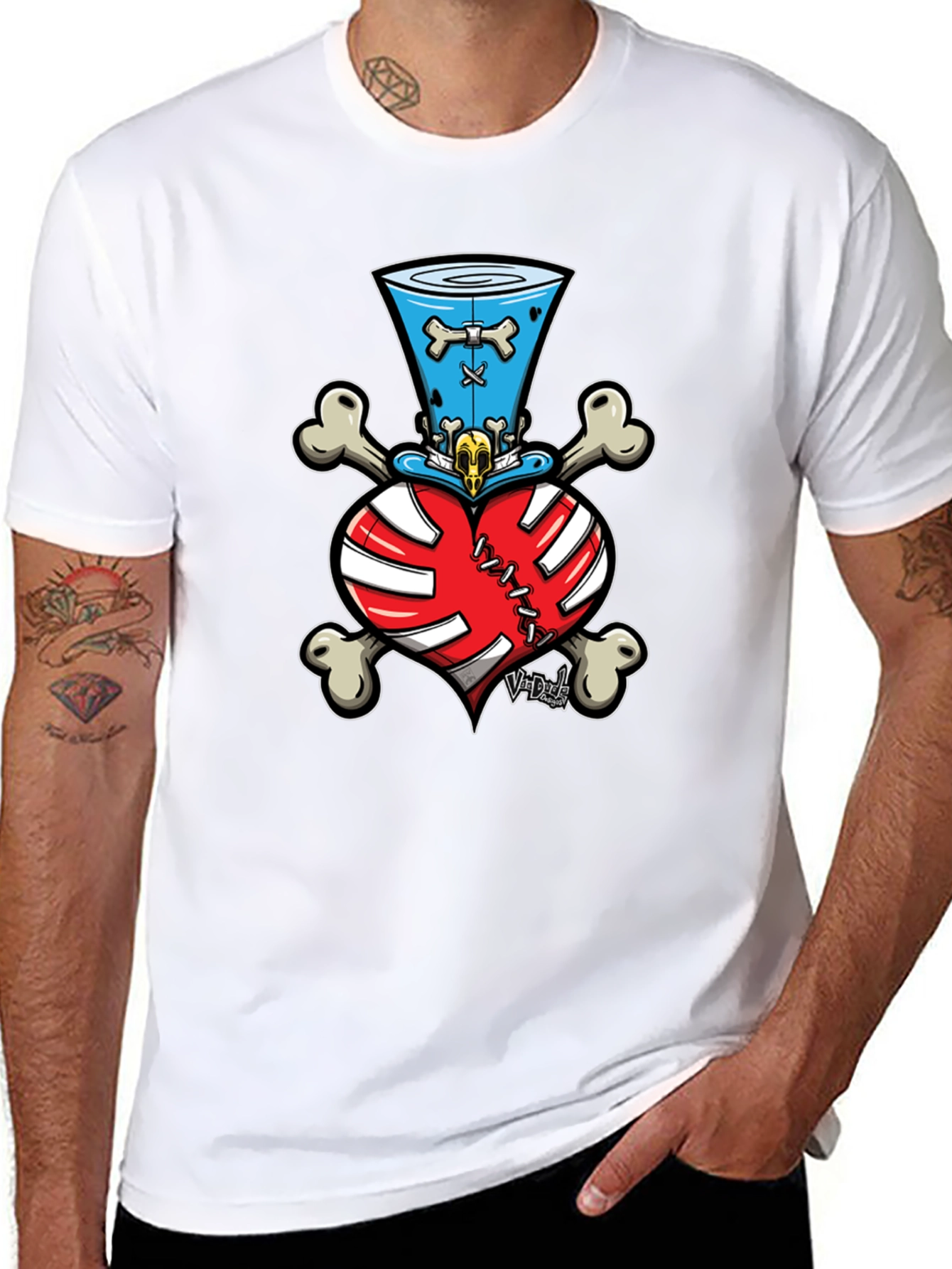 Black Skull Heart Bones Top Hat Tee view 8