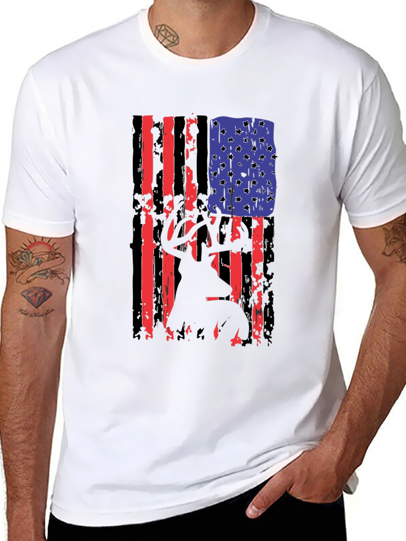 Black Distressed American Flag Deer Hunter T-Shirt view 8
