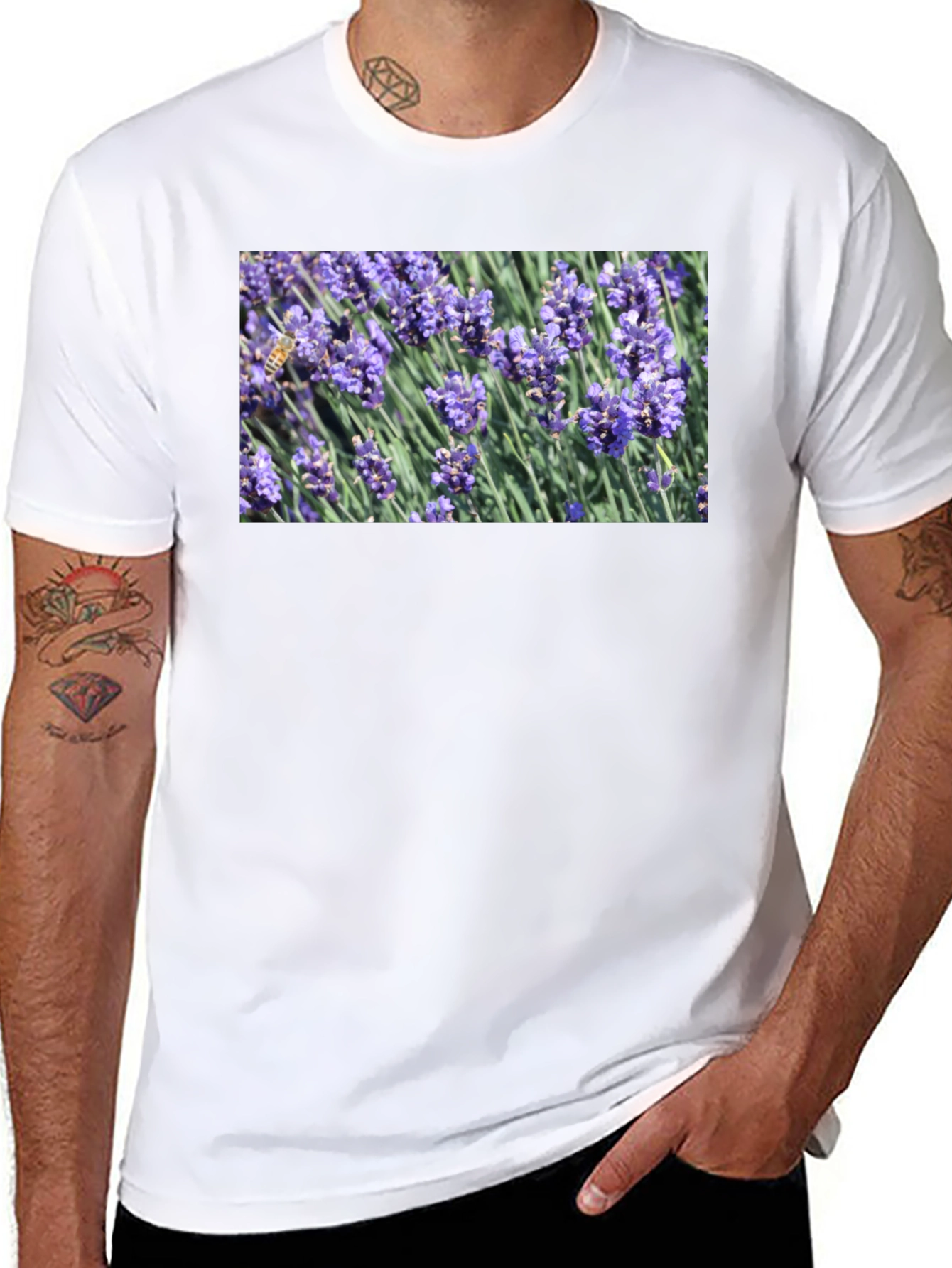 Black Floral Print T-Shirt: Bee on Lavender view 8