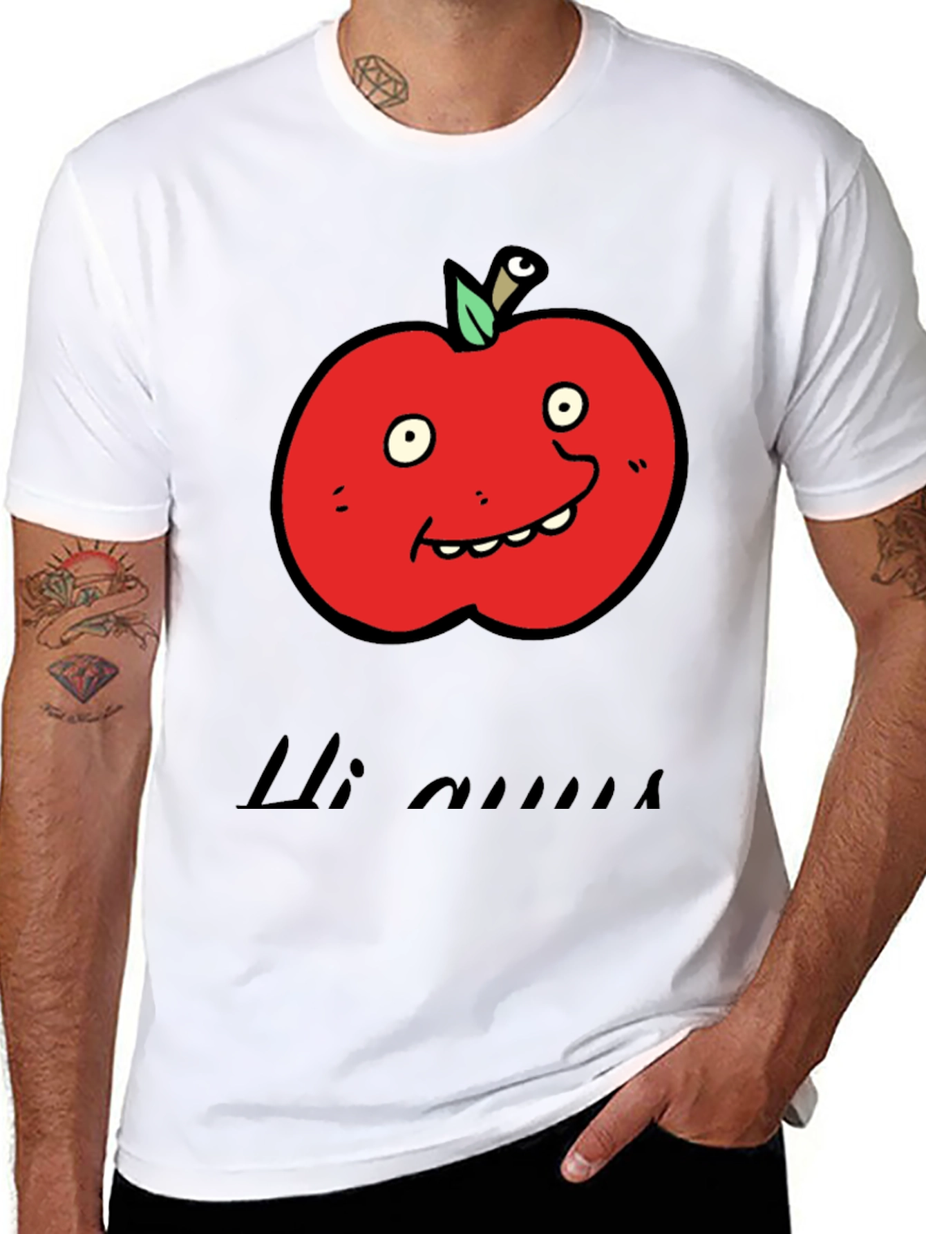 Black Cartoon Apple Graphic Tee - Funny Fruit T-Shirt view 8