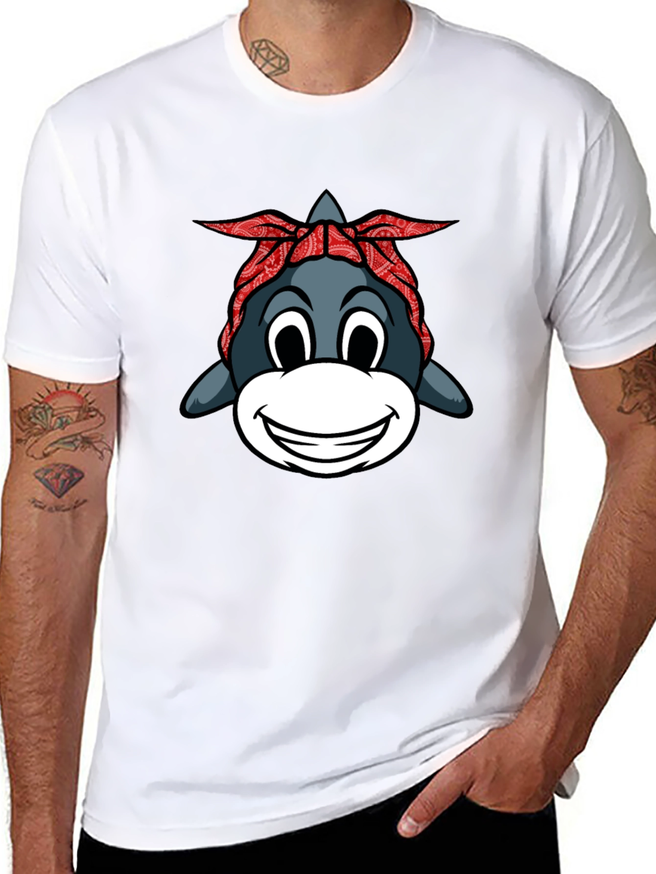 Black Funny Shark with Bandana Graphic T-Shirt view 8