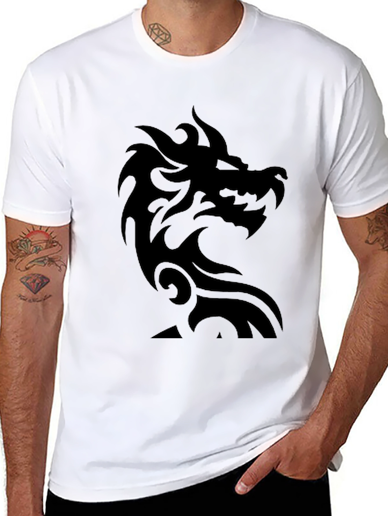 Black Men's Black T-Shirt with Dragon Graphic view 8