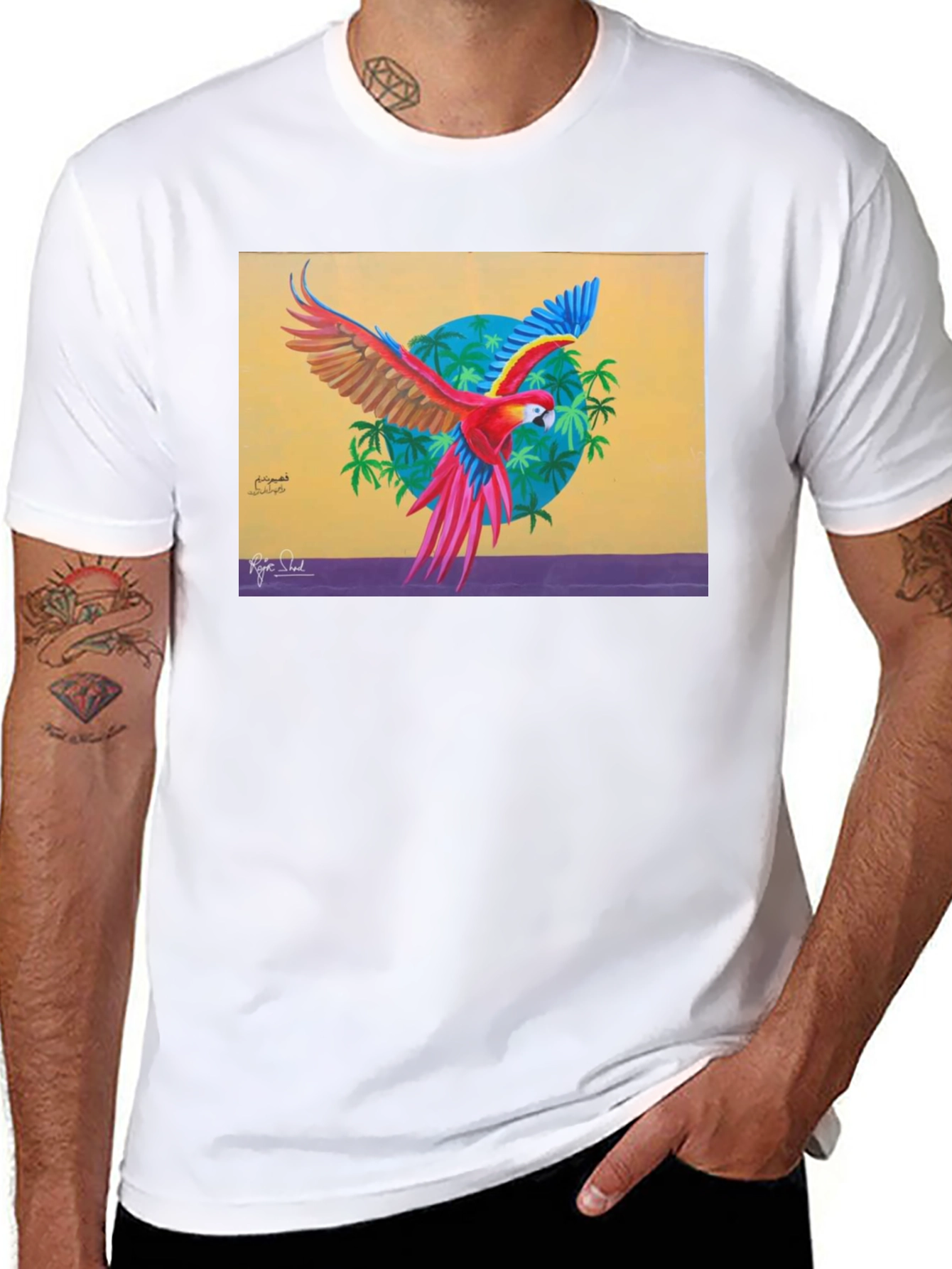 Black Tropical Parrot Graphic Tee - Vivid Art Print view 8