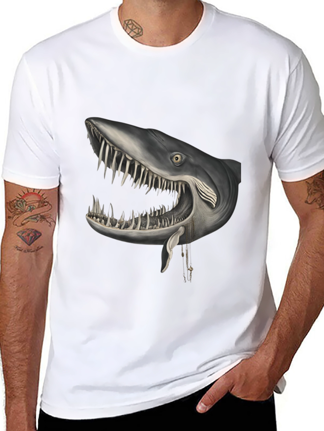 Black Shark Head Graphic Print Crew Neck T-Shirt view 8