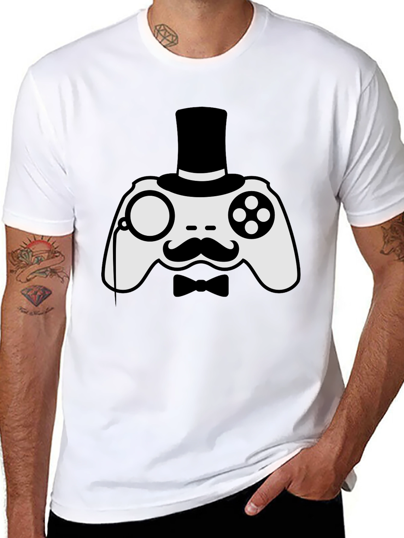 Black Gentleman Gamer T-Shirt - Controller with Monocle & Top Hat view 8