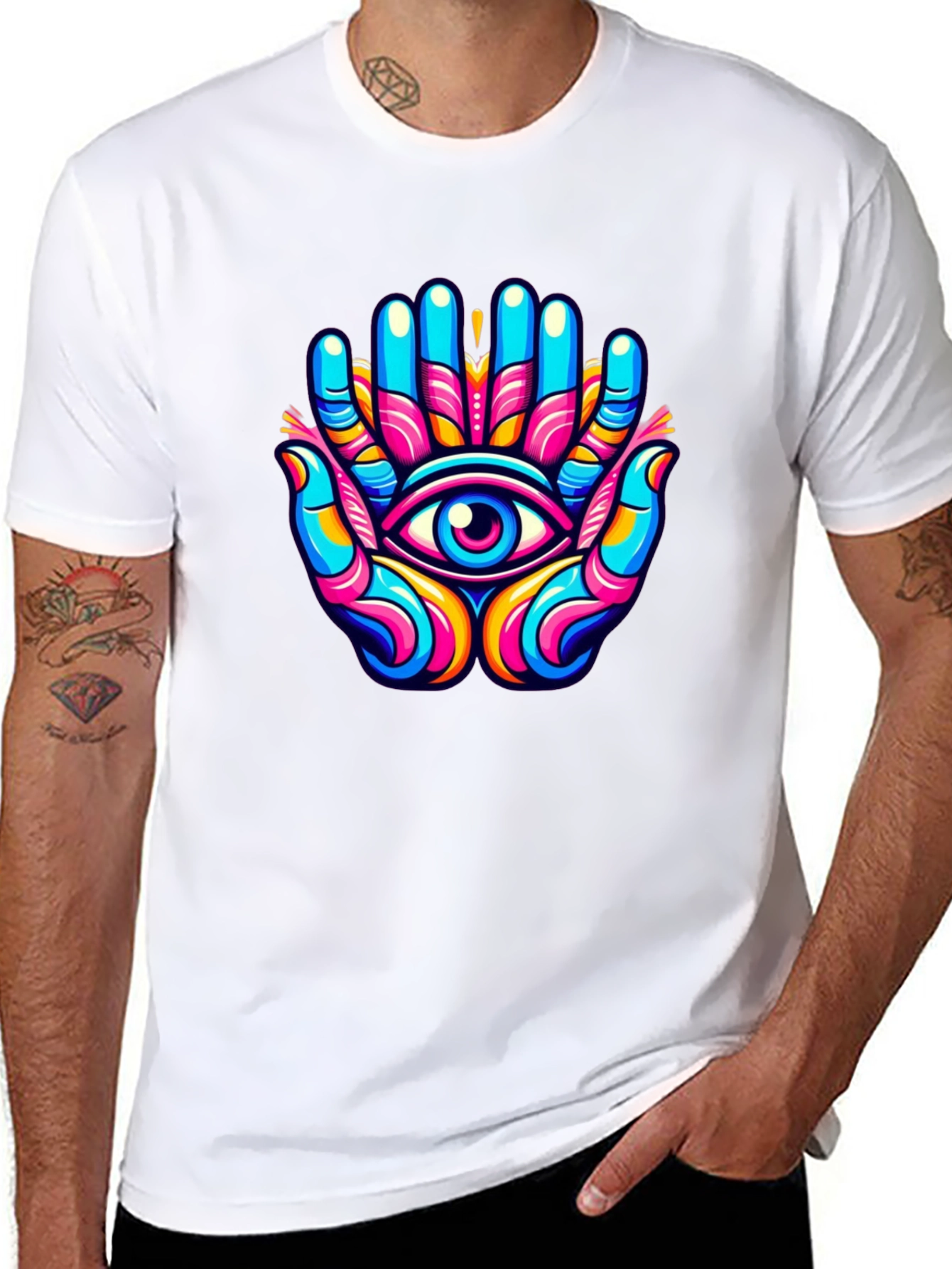 Black Vivid Eye Hands Graphic Black T-Shirt view 8
