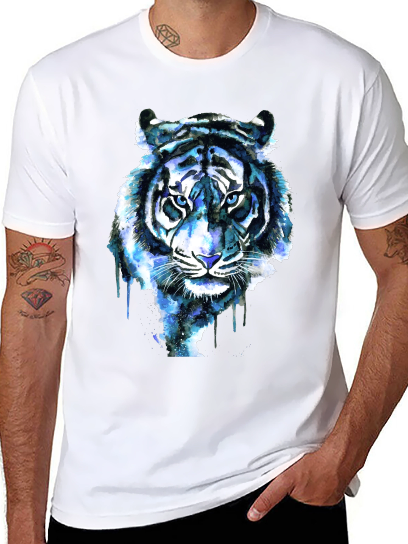 Black Blue Tiger Graphic Tee - Cool Watercolor Design view 8