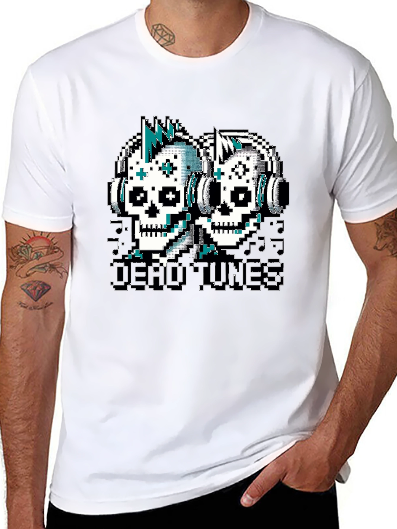 Black Dead Tunes Pixel Art Skull T-Shirt view 8