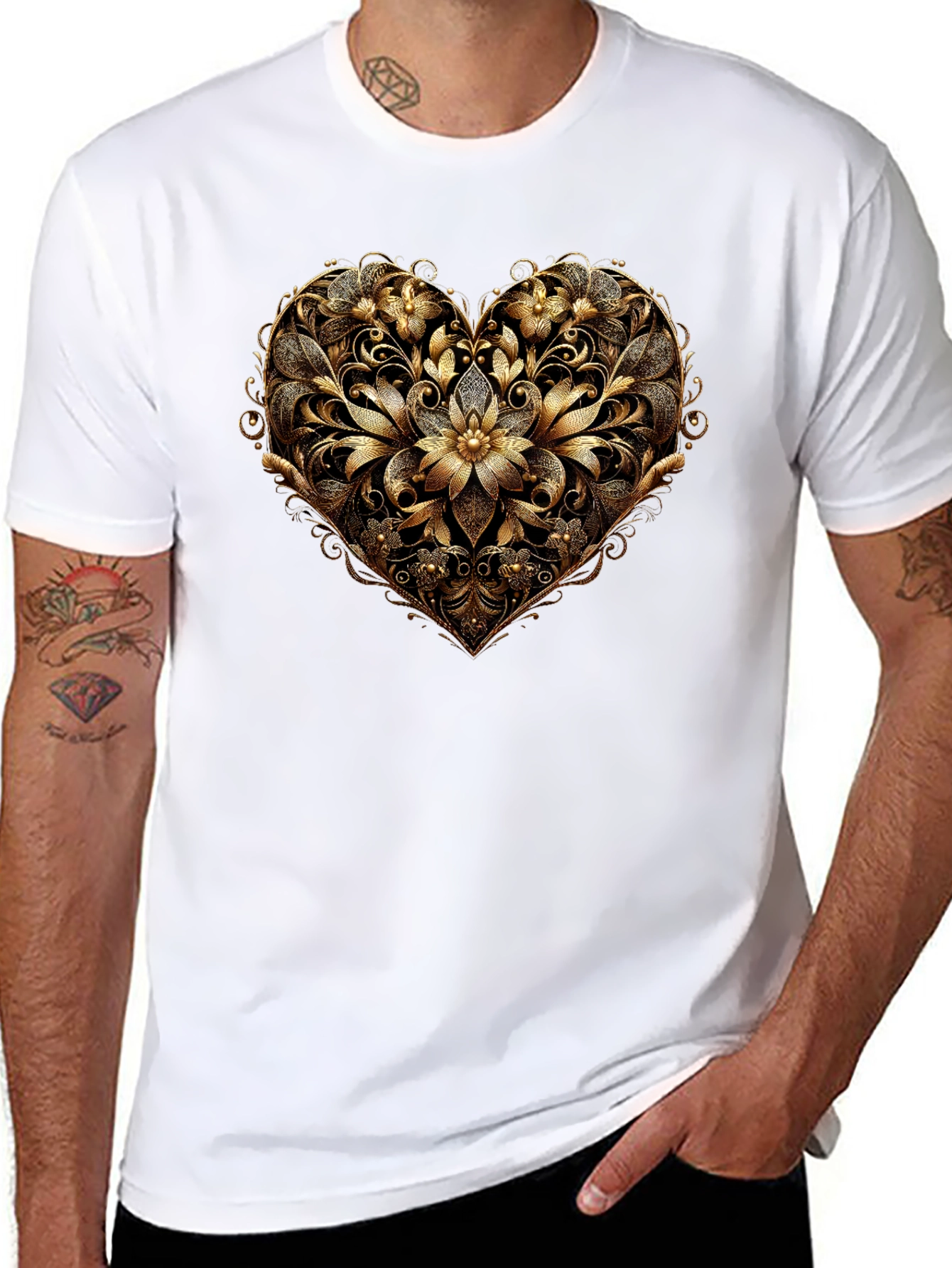 Black Golden Floral Heart Black T-Shirt view 8