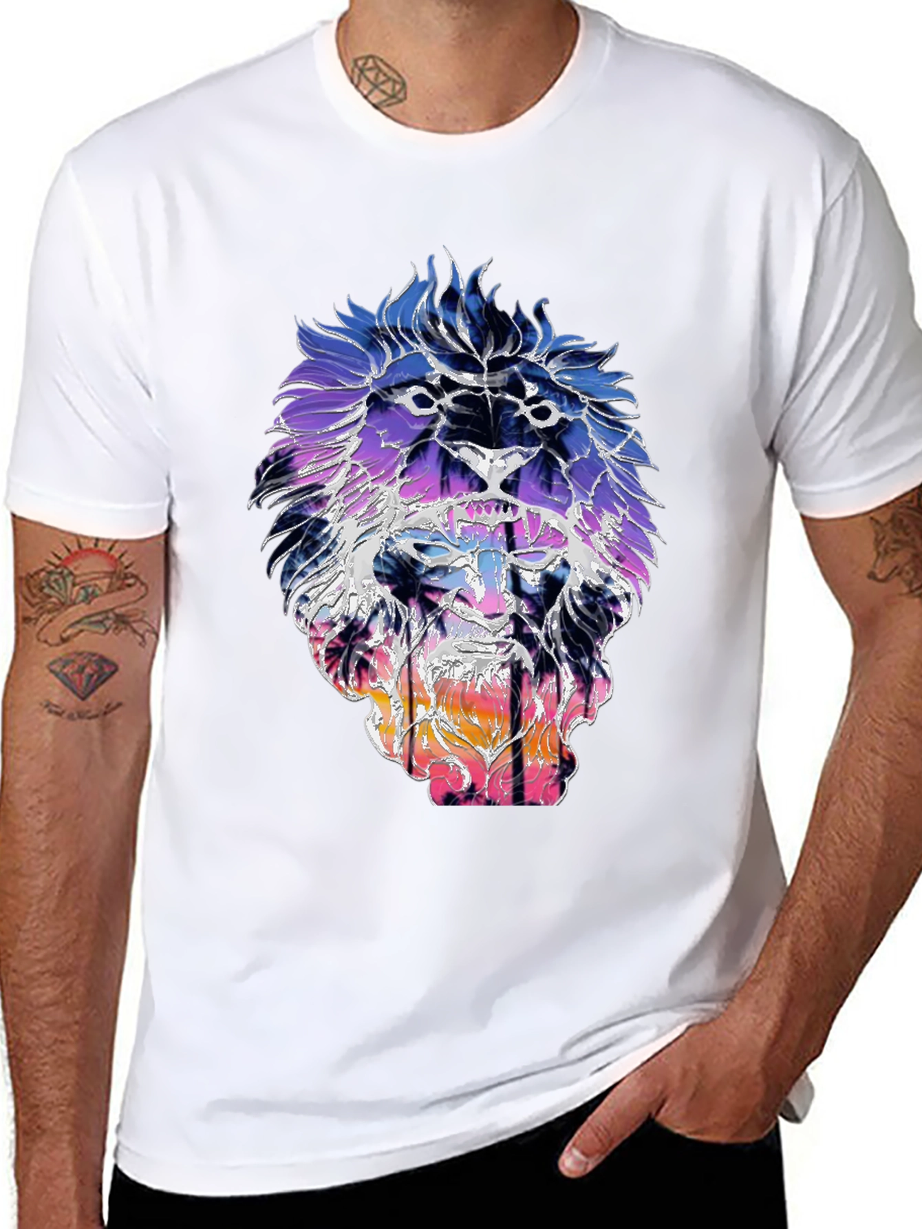 Black Lion Sunset Graphic Tee - Trendy Men's Black T-Shirt view 8