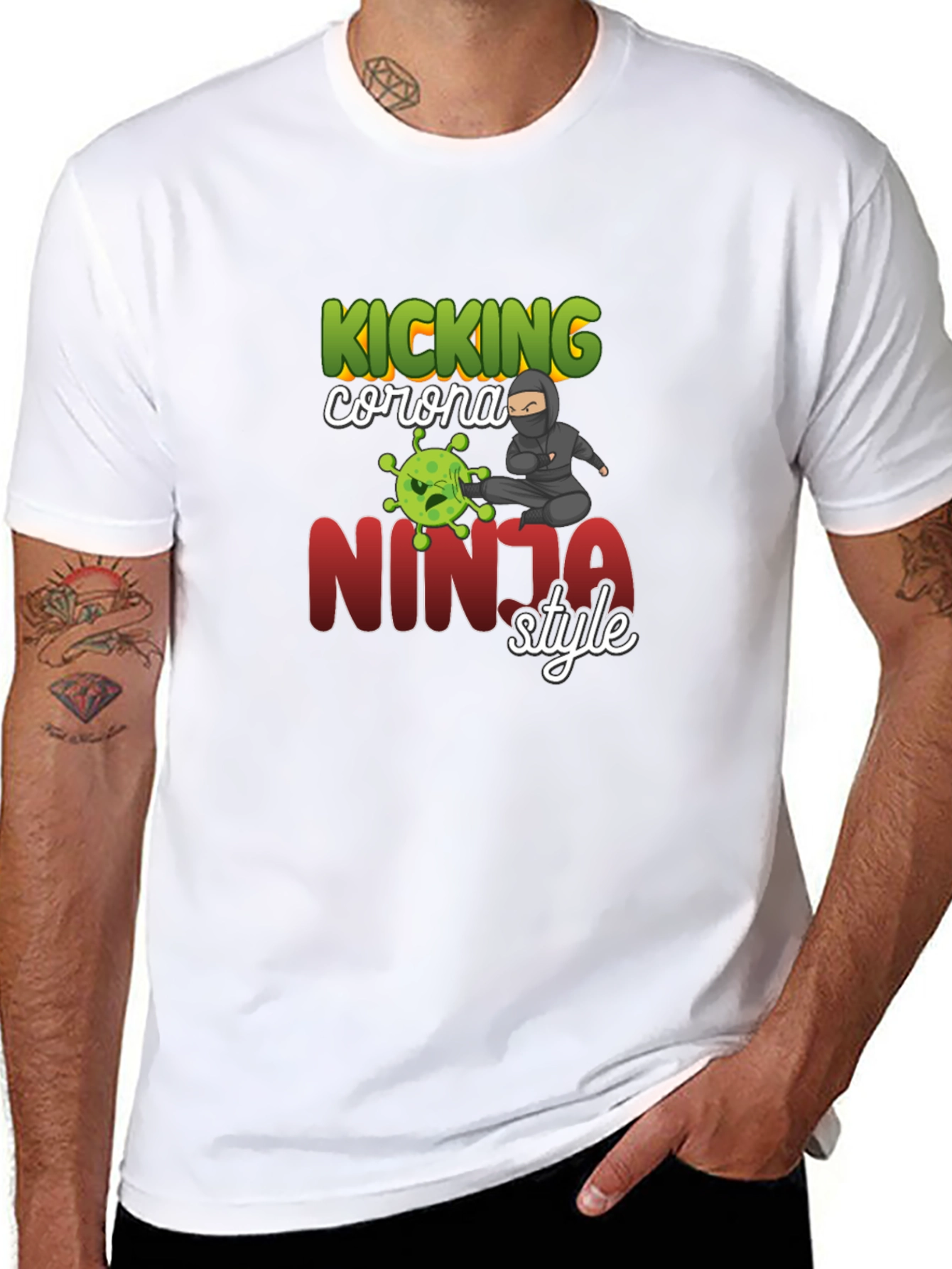 Black Kicking Corona Ninja Style T-Shirt view 8