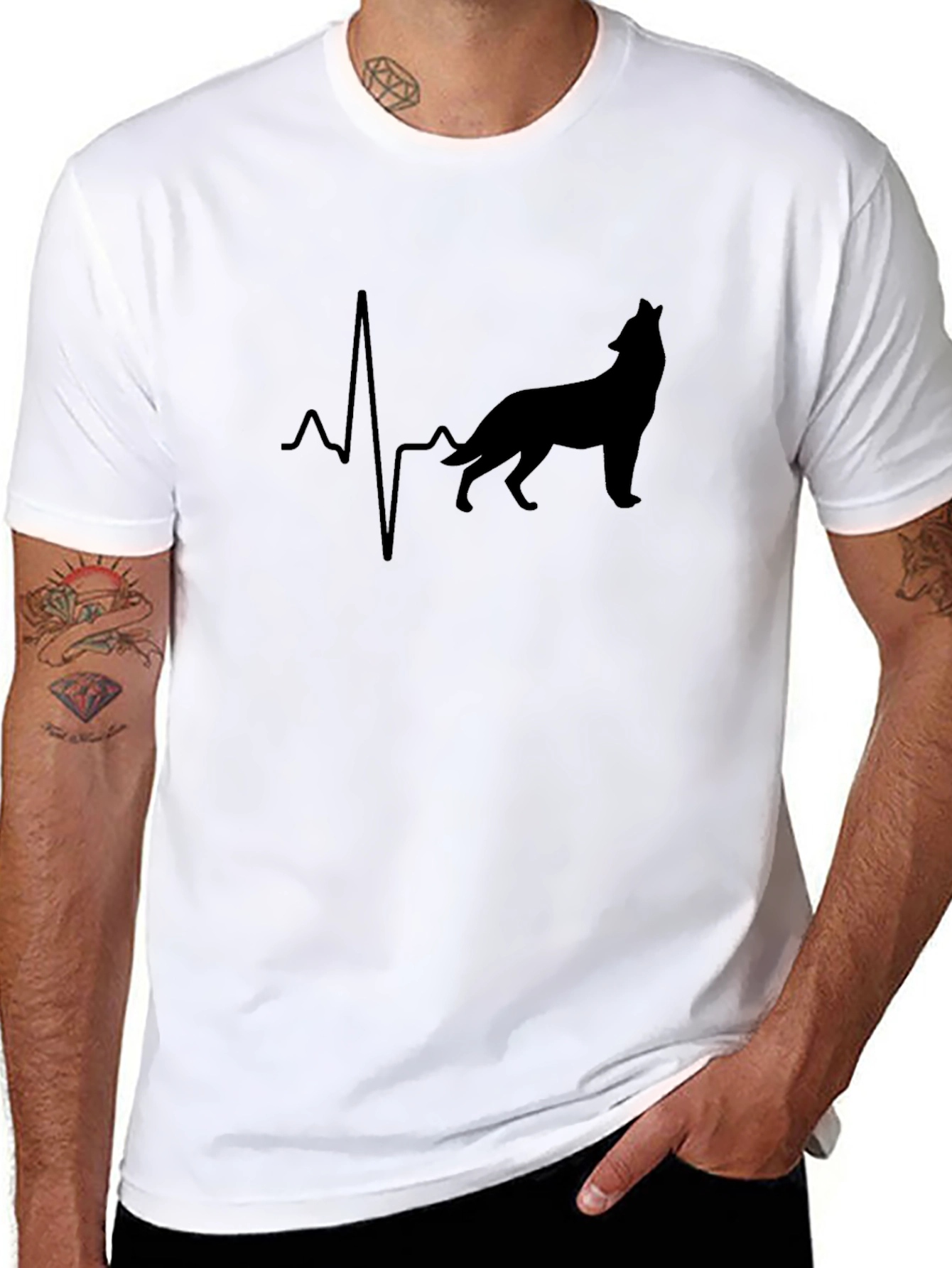 Black Wolf Heartbeat Graphic Tee - Men's Black T-Shirt view 8