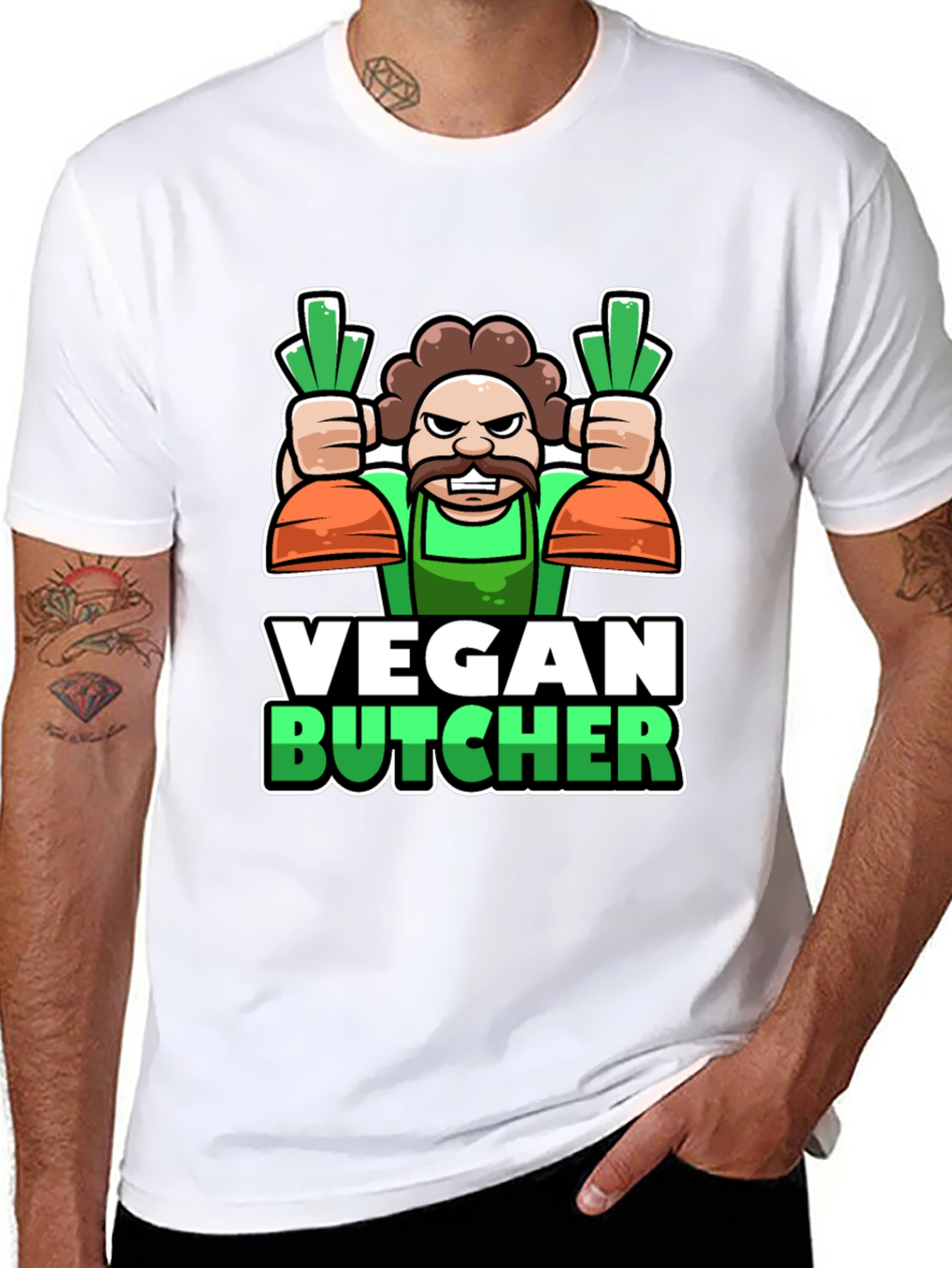 Black Vegan Butcher T-Shirt: Cartoon Carrot Design view 8